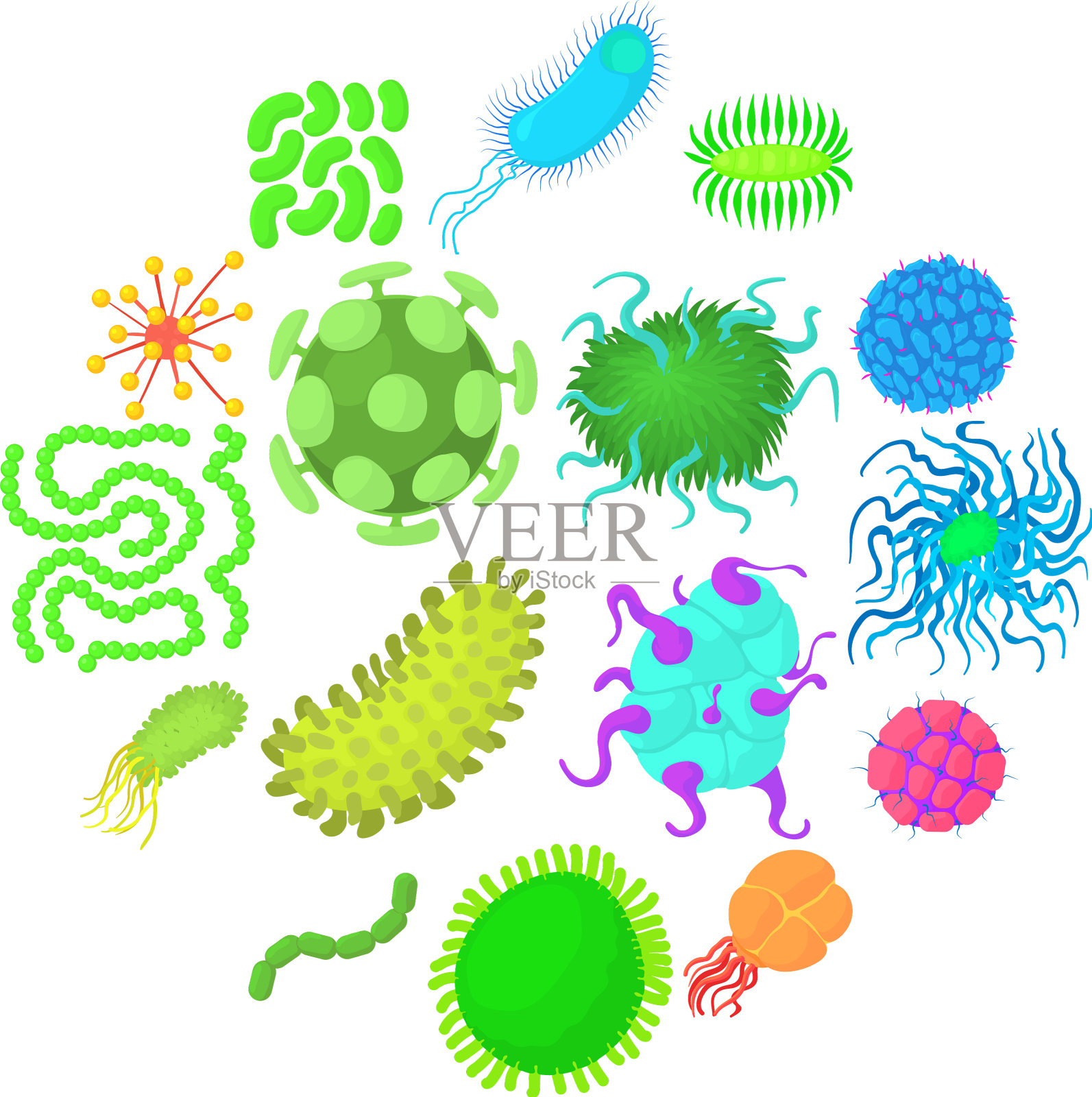 病毒细菌形成图标设置卡通风格图标素材