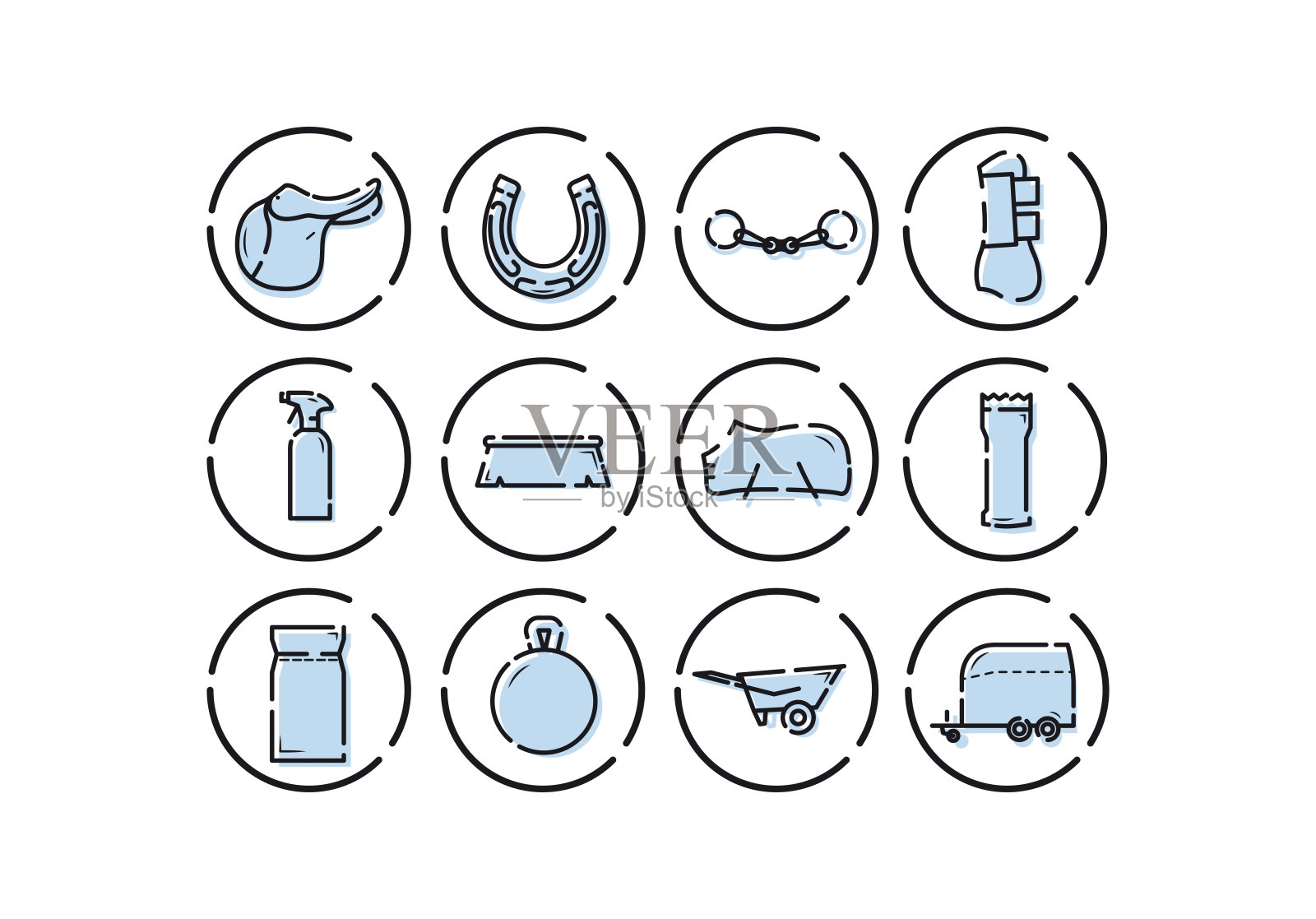 马设备图标。马护理工具图标集。马鞍，马蹄铁，鱼竿，护脚，清洁剂，刷子，饲料，手推车，马拖车图标素材
