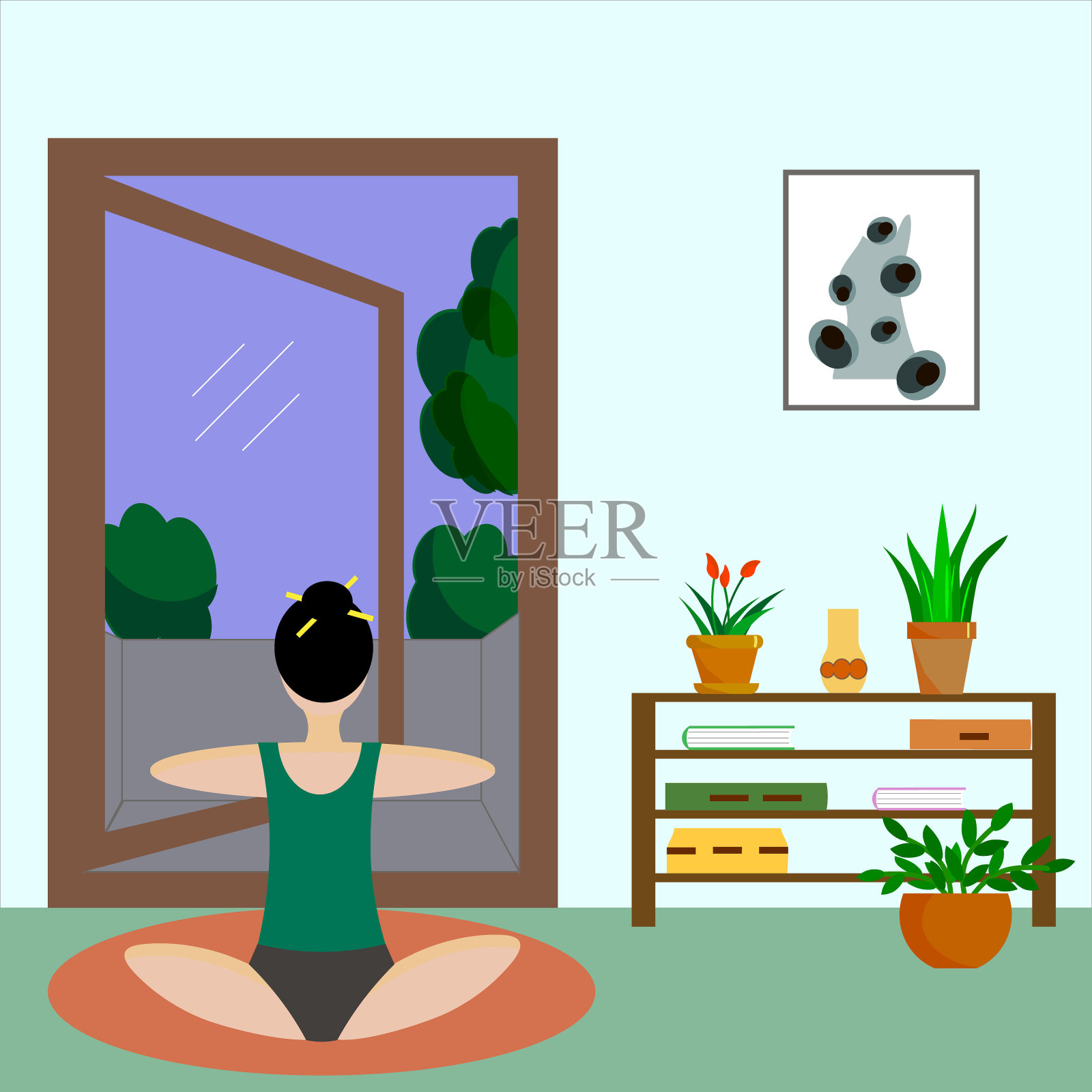 呆在家里冥想。矢量插图。健康的生活方式。插画图片素材