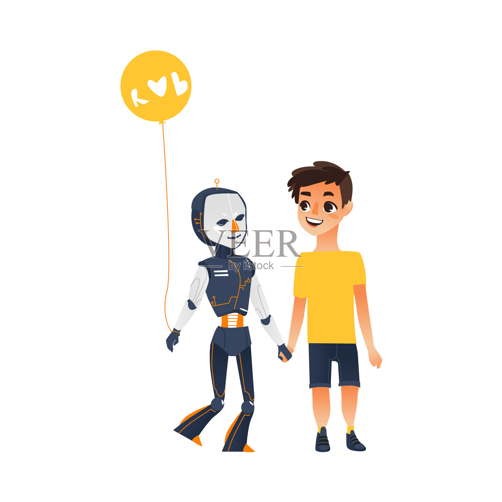人类男孩和机器人像朋友一样一起走设计元素图片