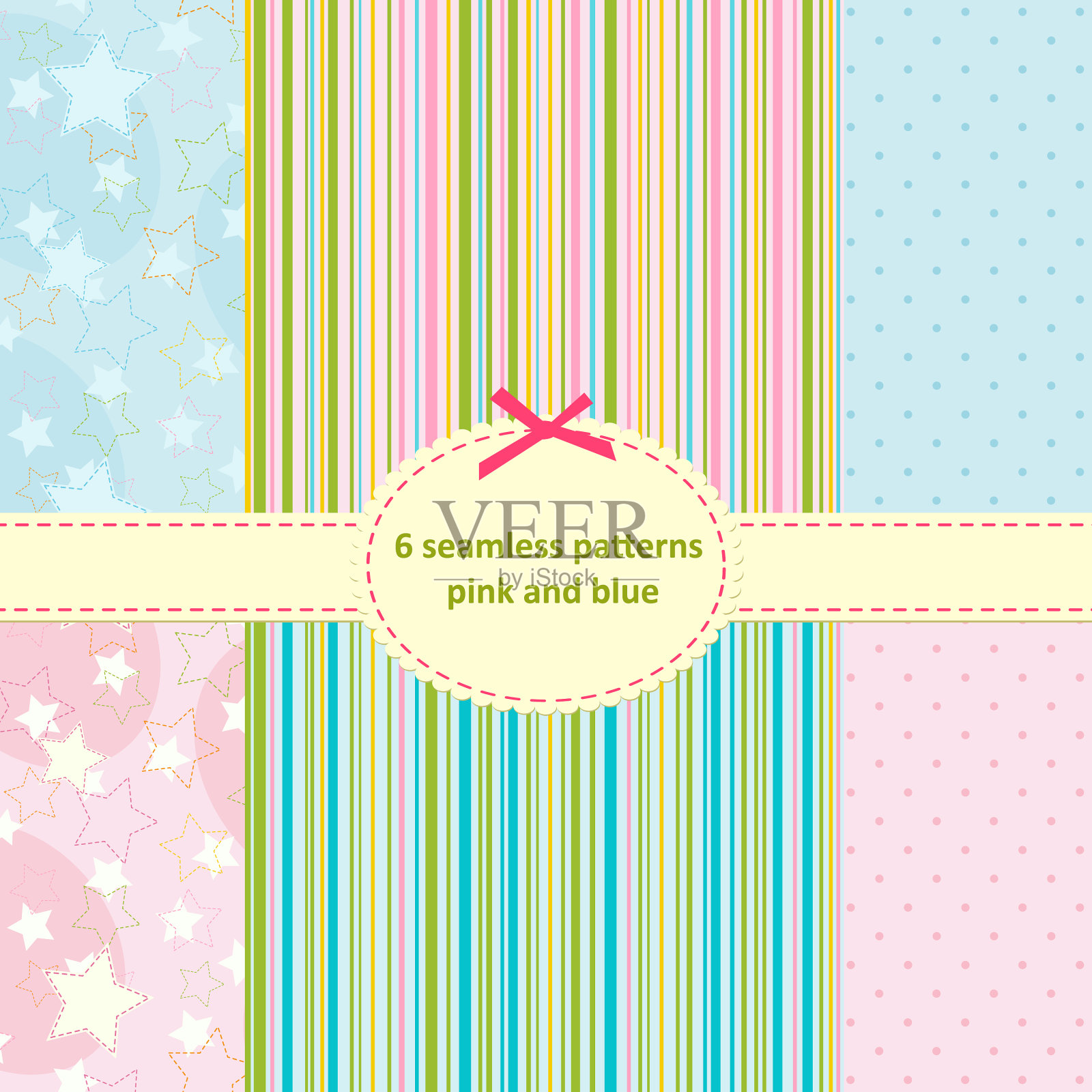 一套无缝模式的蓝色和粉红色插画图片素材