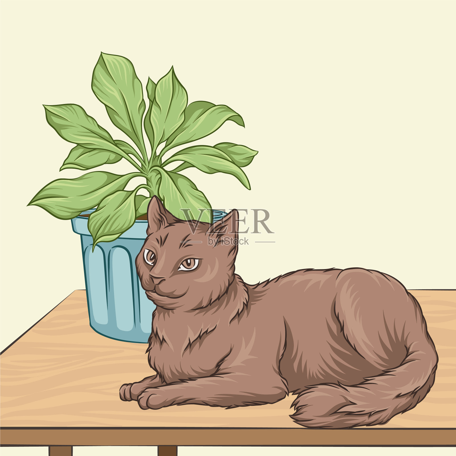 可爱的棕色宠物猫躺在木桌上插画图片素材