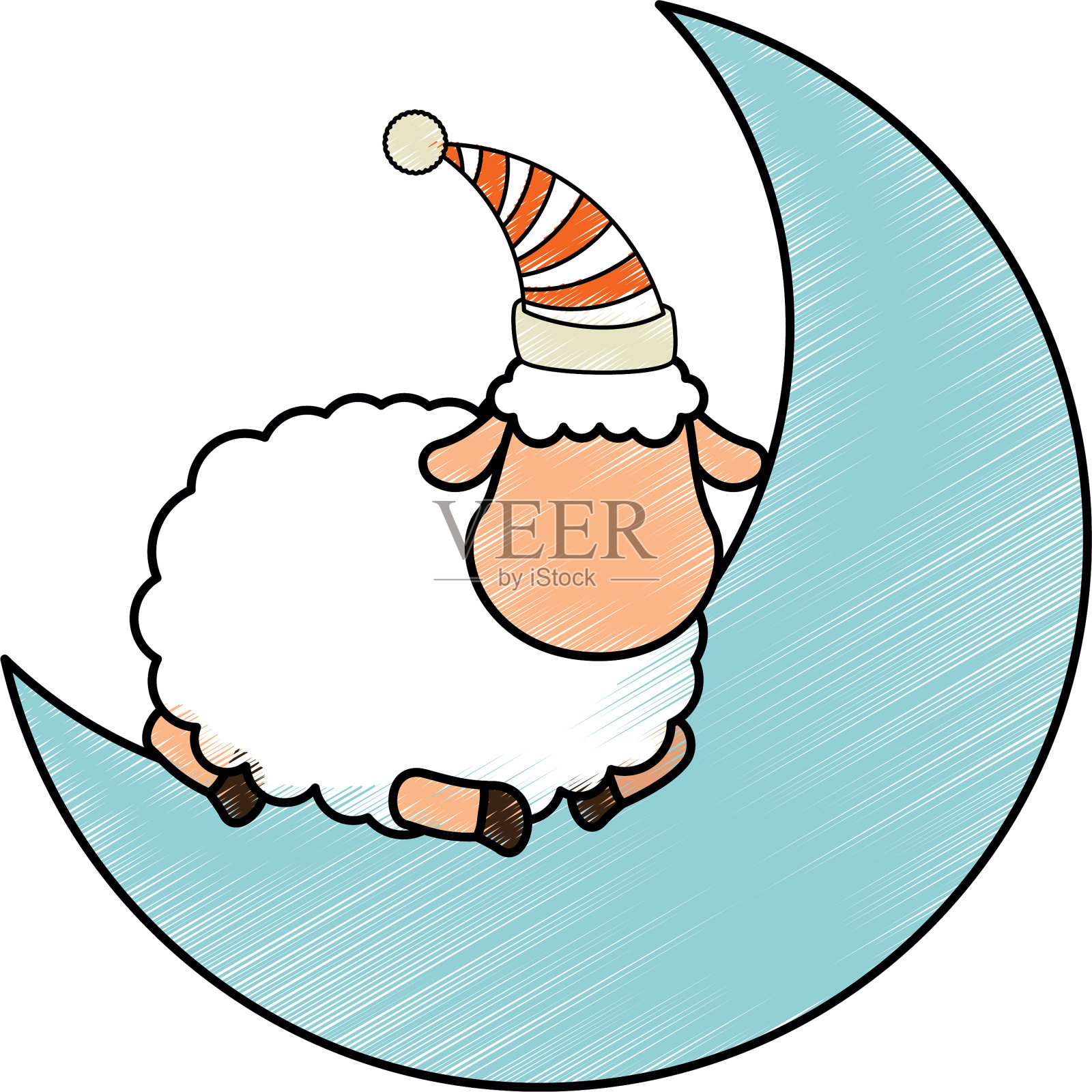 月亮和羊睡在一起插画图片素材