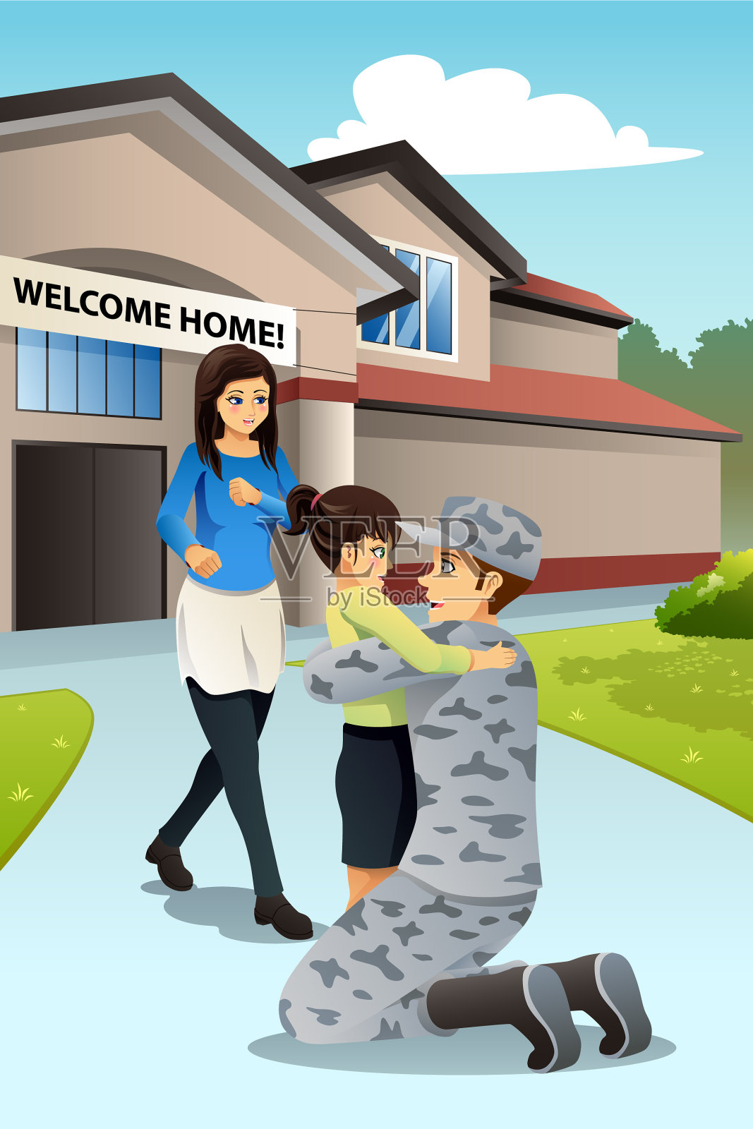 军人父亲回家时，女儿迎接了他插画图片素材