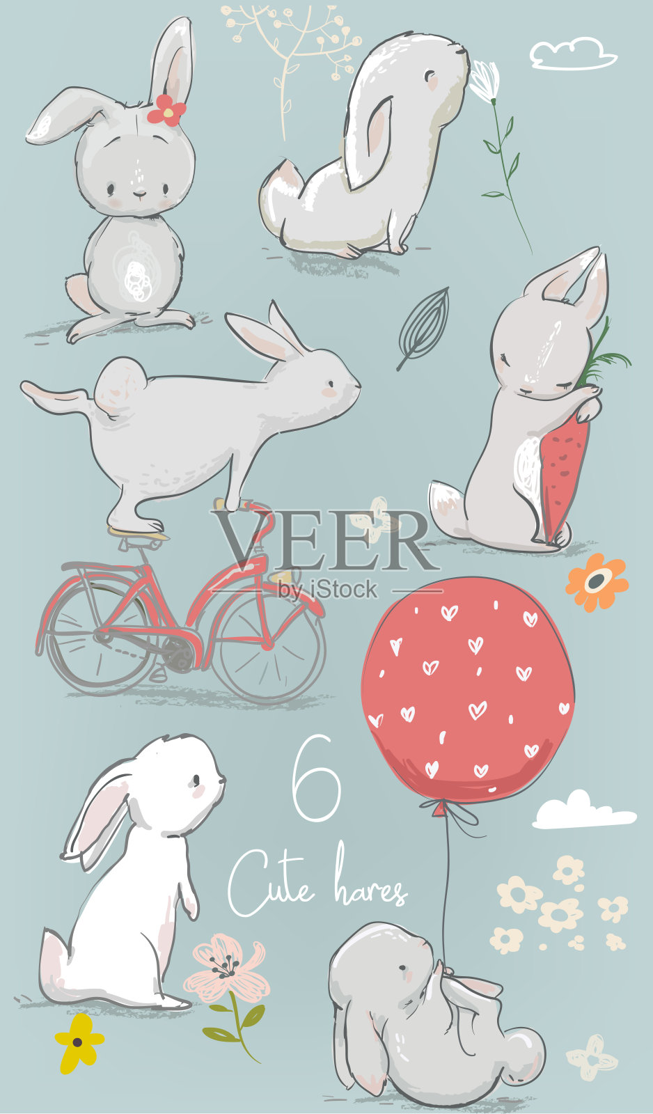 6只可爱的卡通兔子插画图片素材