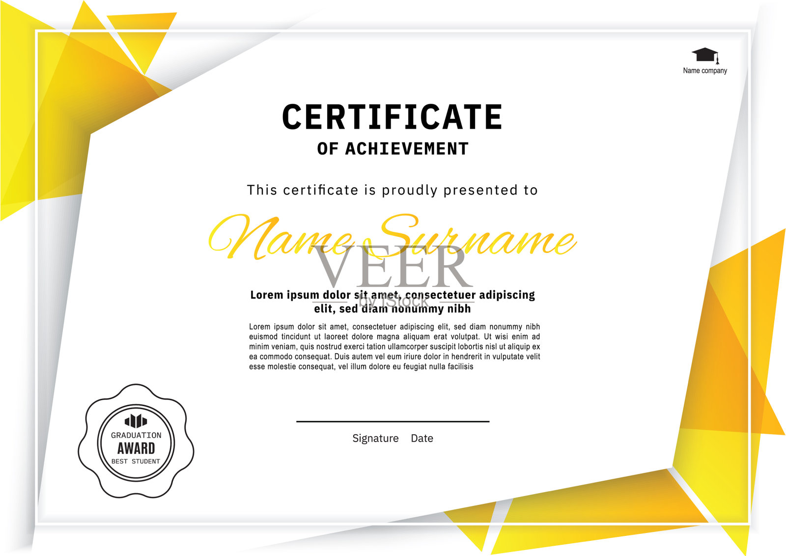 正式的白色证书和黄色三角形设计模板素材