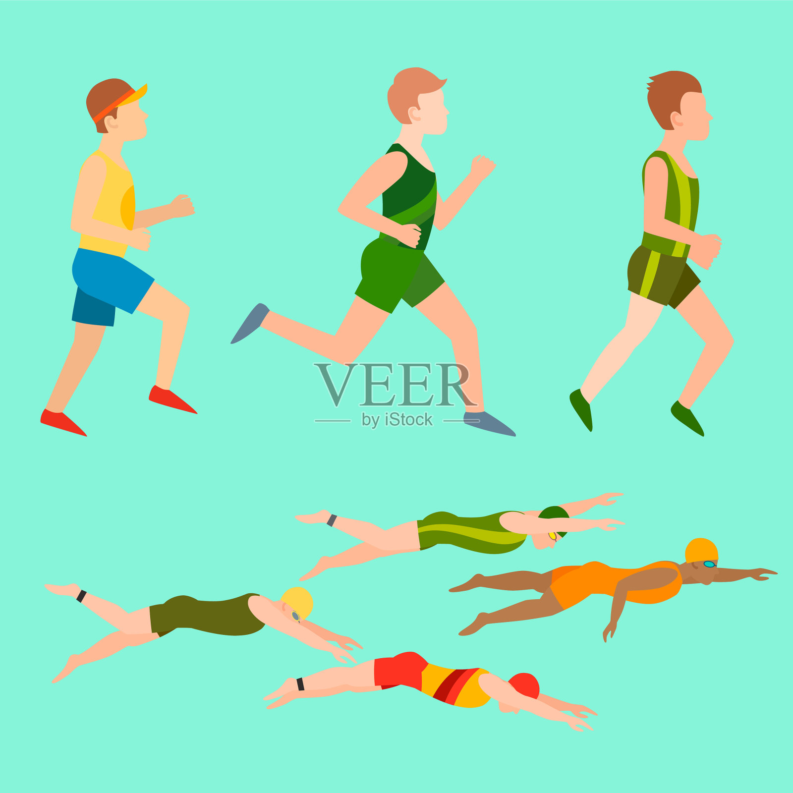 游泳的人风格方案不同插画图片素材