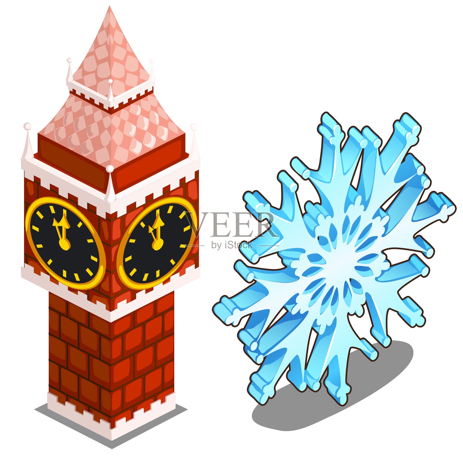 克里姆林宫塔在莫斯科和雪花孤立设计元素图片