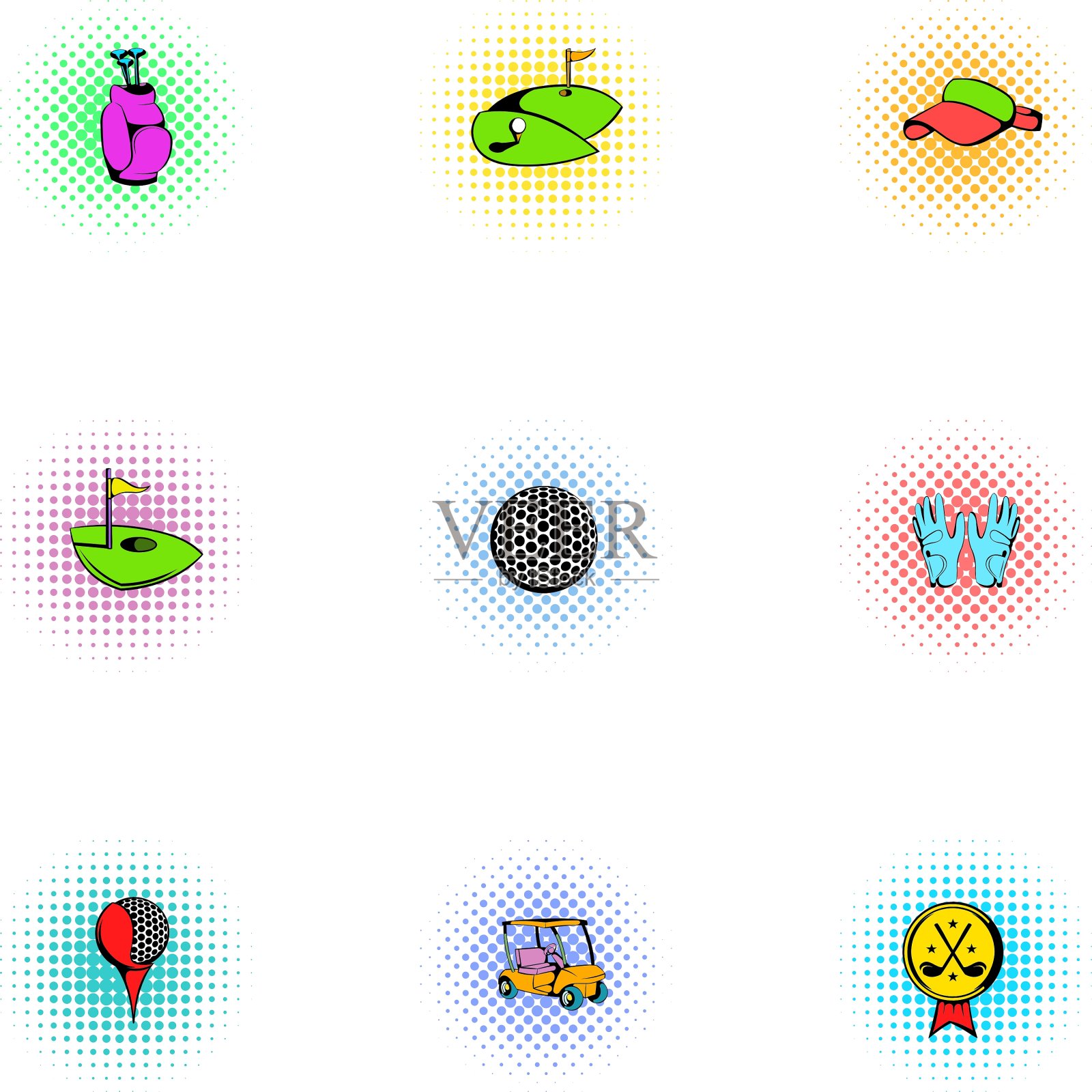 高尔夫运动图标设置波普艺术风格图标素材