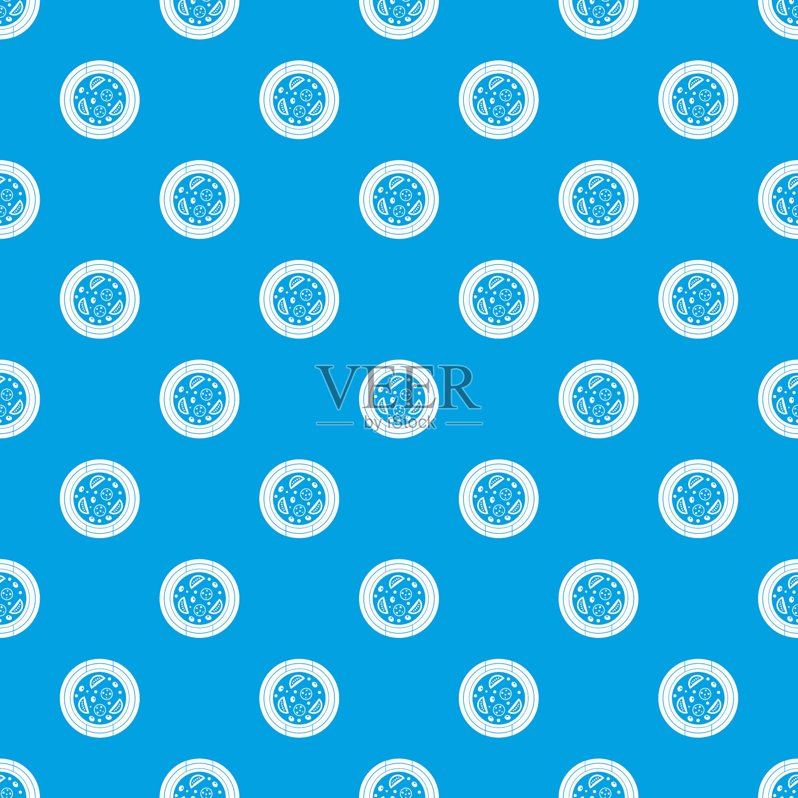 香肠、西红柿和橄榄图案的披萨插画图片素材