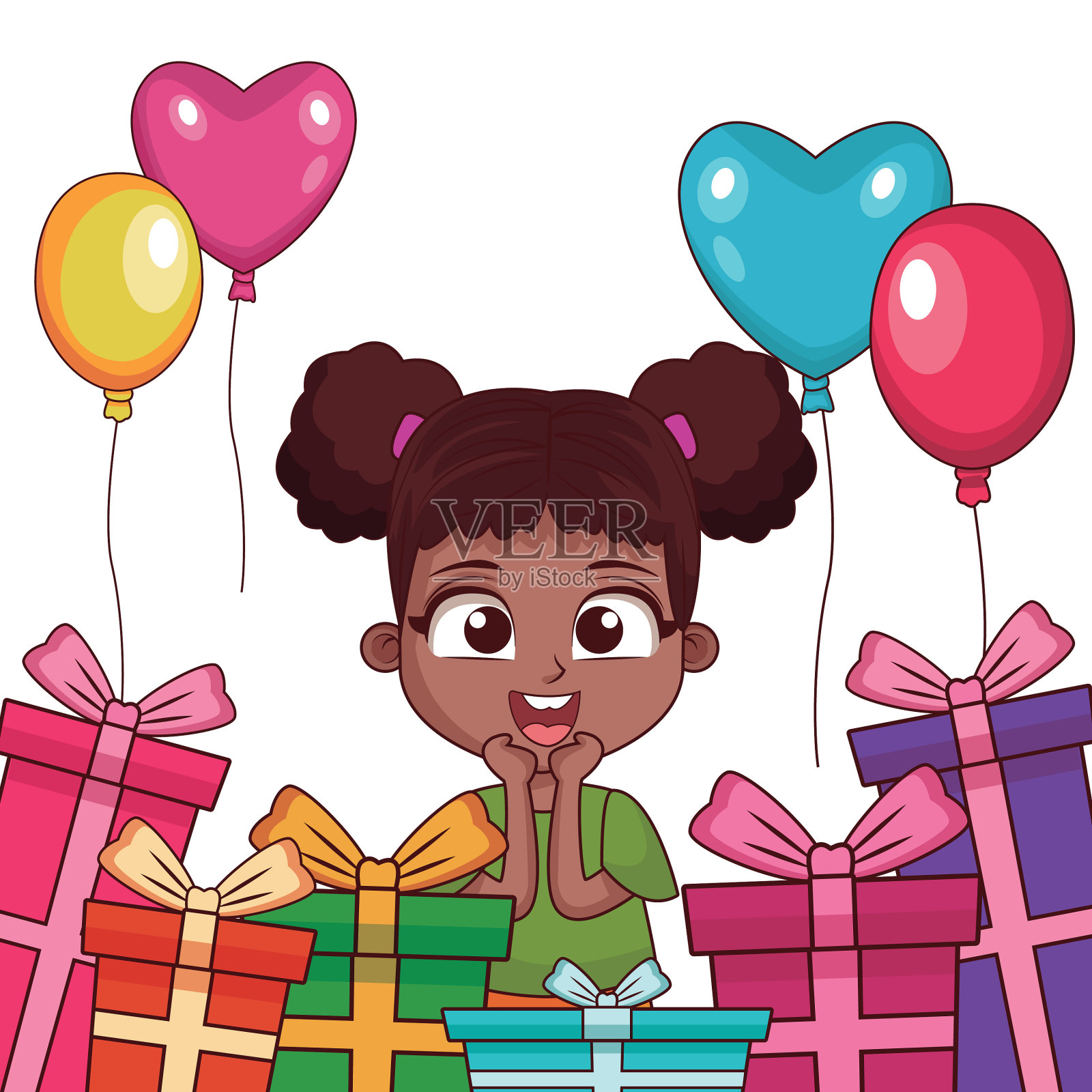 生日女孩带着礼物和气球插画图片素材