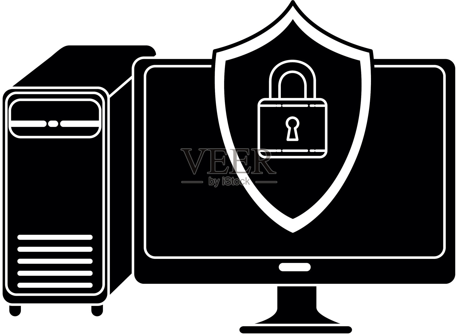 带屏蔽的台式电脑插画图片素材