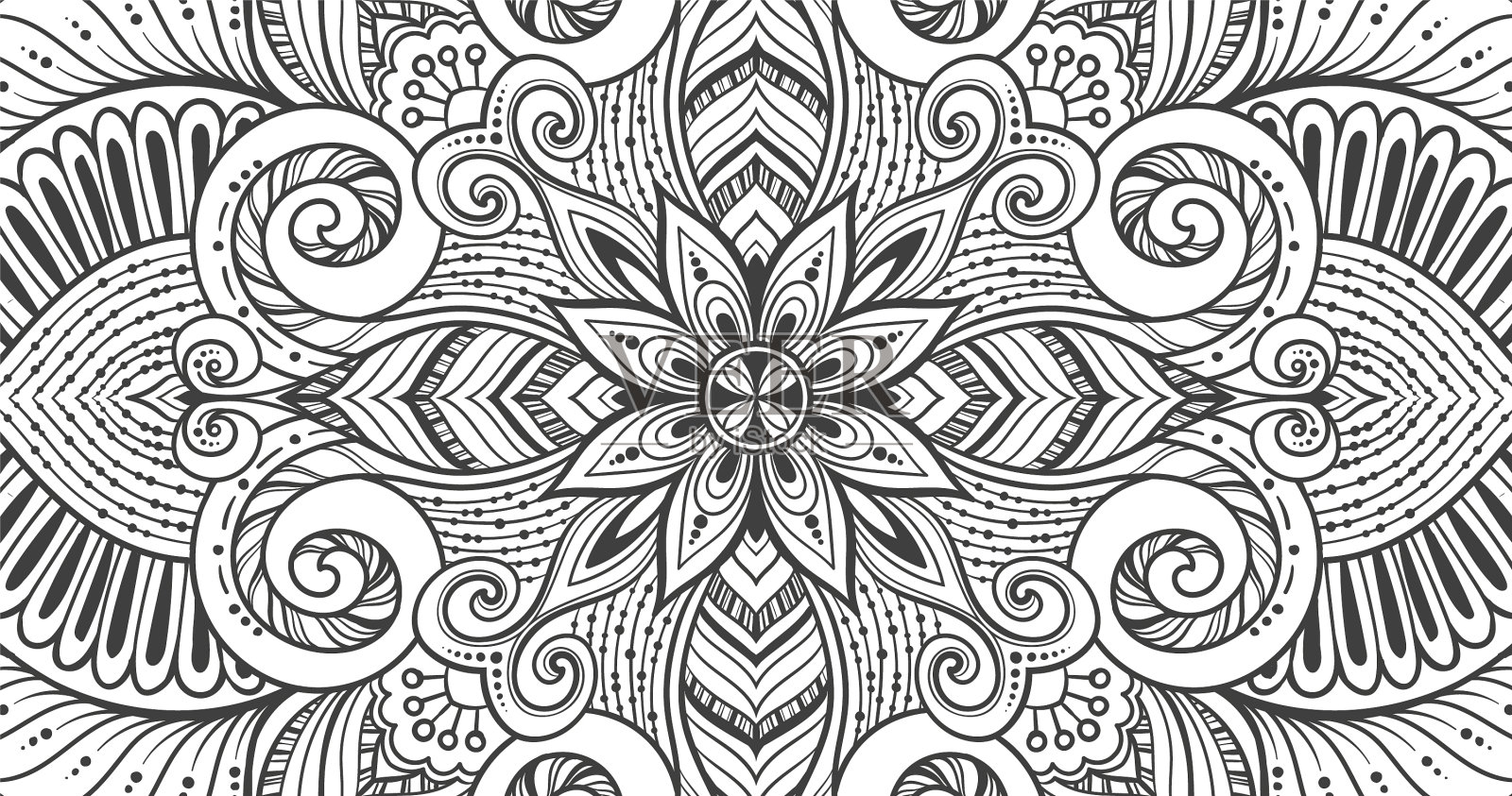 亚洲民族花卉复古涂鸦黑白插画图片素材