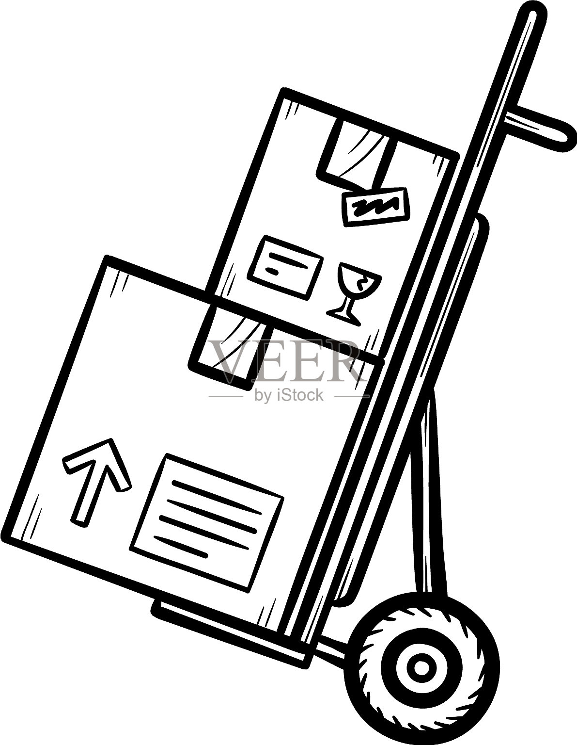 手推车与纸板盒手绘轮廓设计元素图片