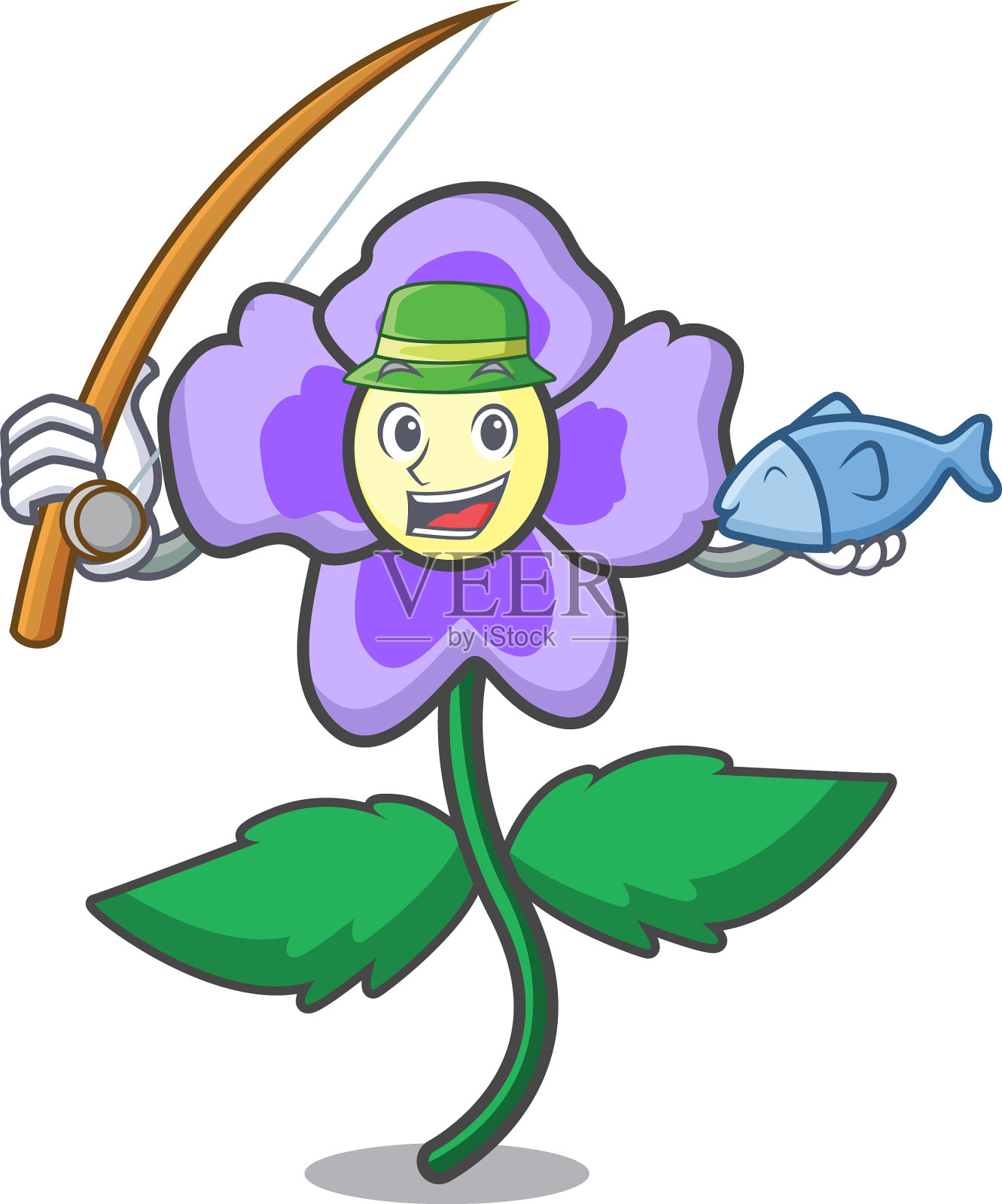 钓鱼三色堇花吉祥物卡通设计元素图片
