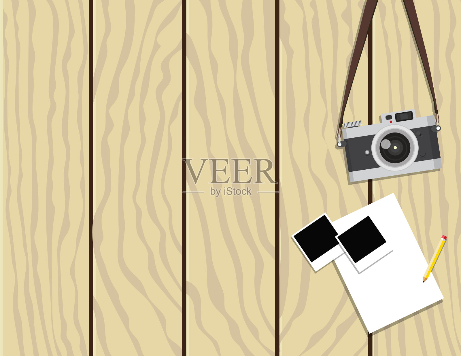 复古相机和即时相框的木制ba插画图片素材
