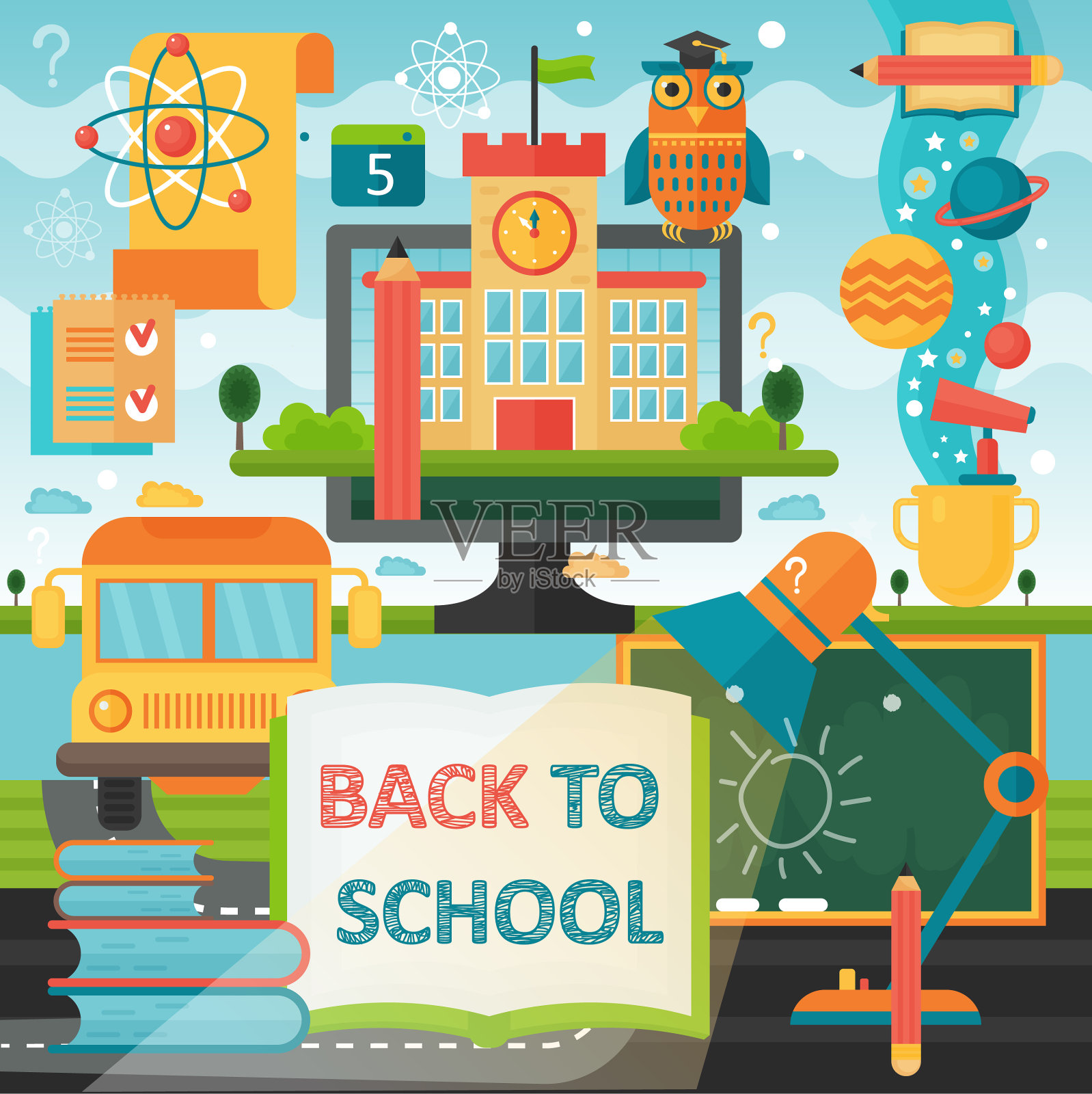 回到学校，横幅上写着书插画图片素材