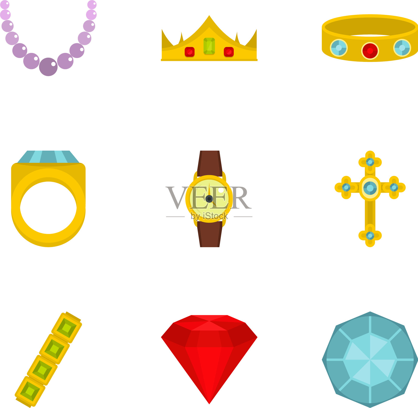 珠宝收藏图标设置扁平风格图标素材