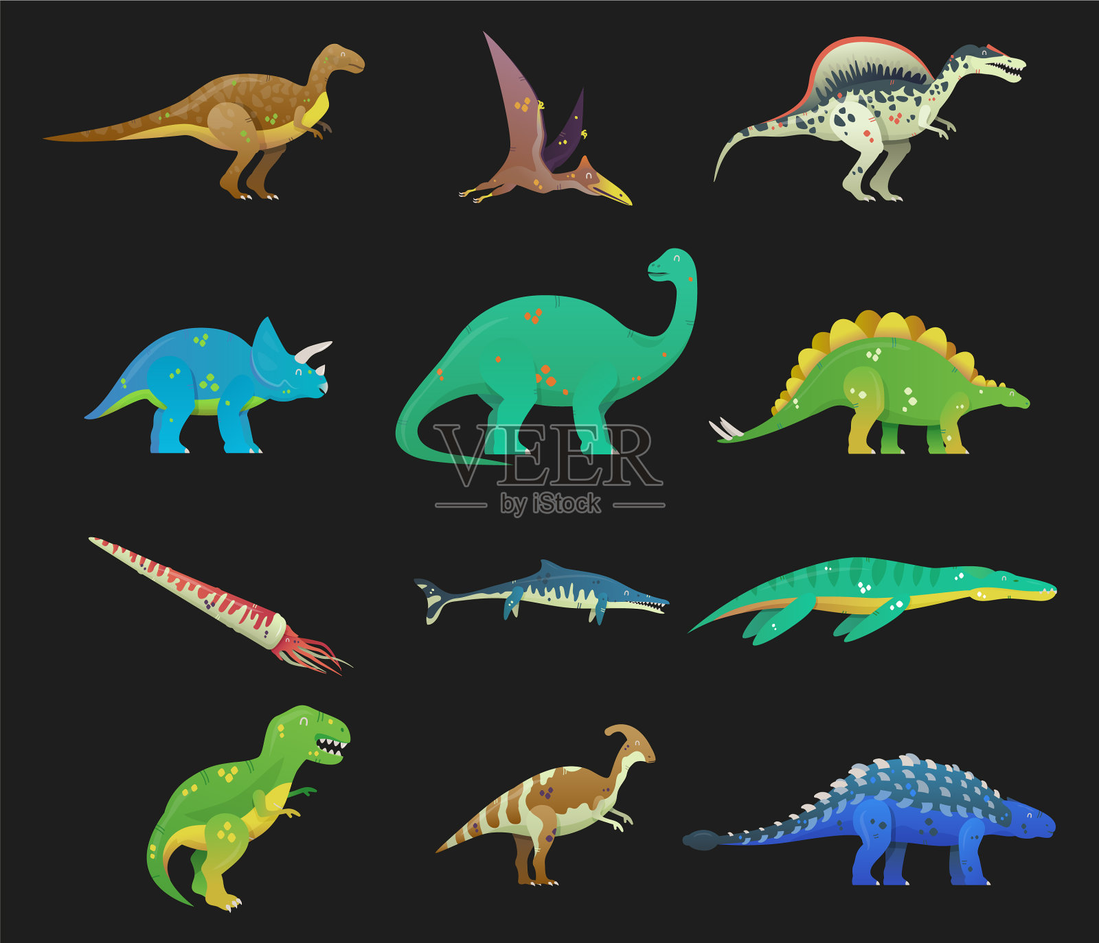 一套孤立的卡通恐龙或恐龙插画图片素材