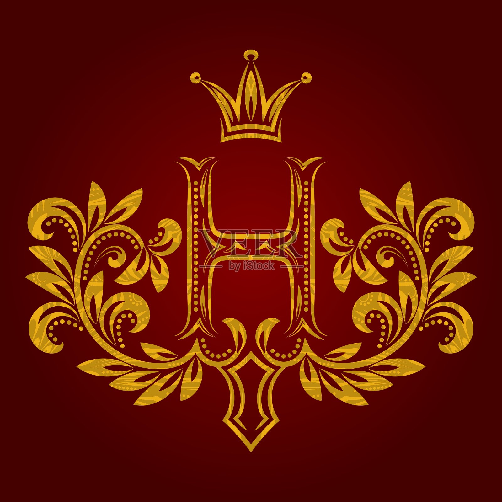 图案的黄金字母H交织字母在vintage设计元素图片