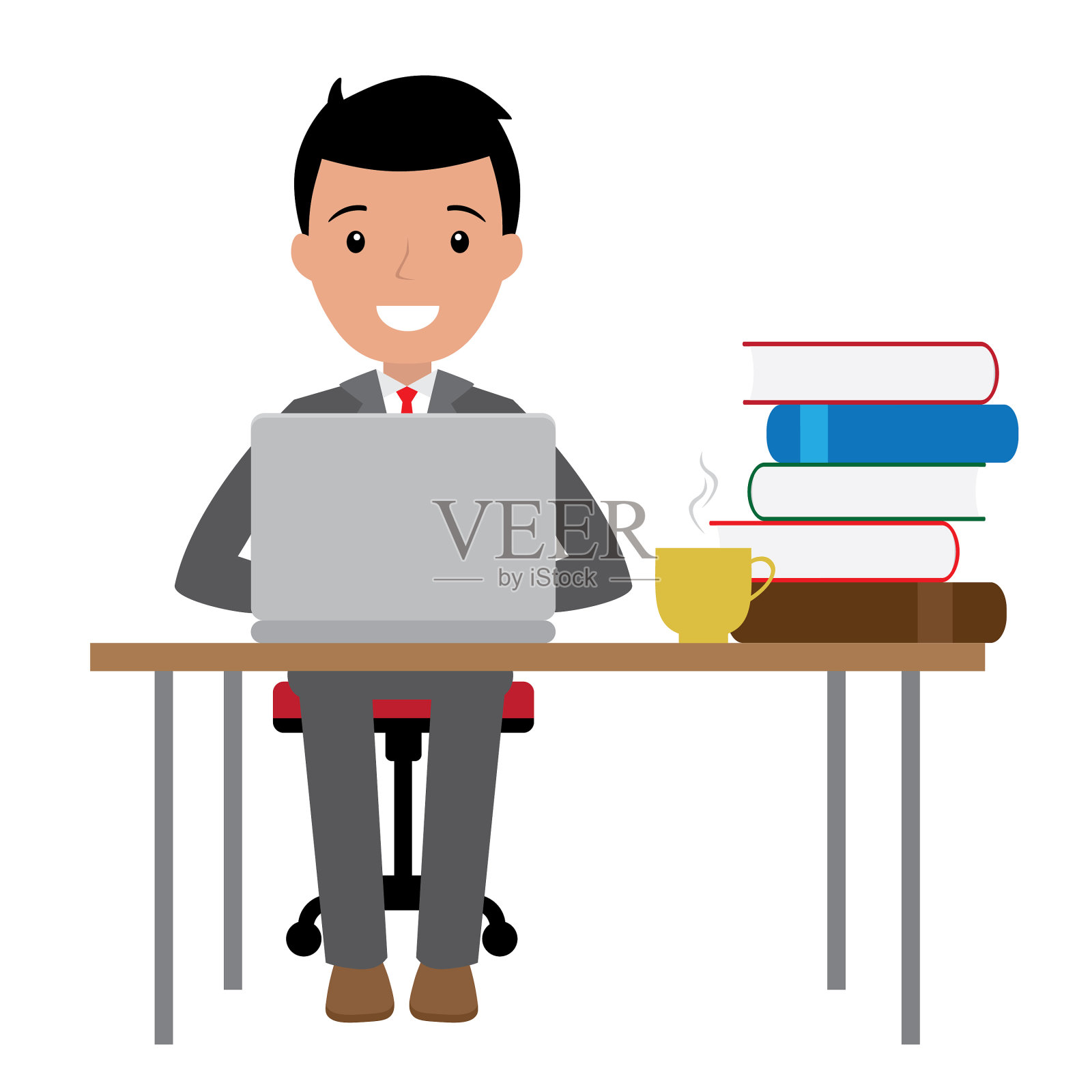 一个拿着笔记本电脑坐在办公桌前的商人设计元素图片