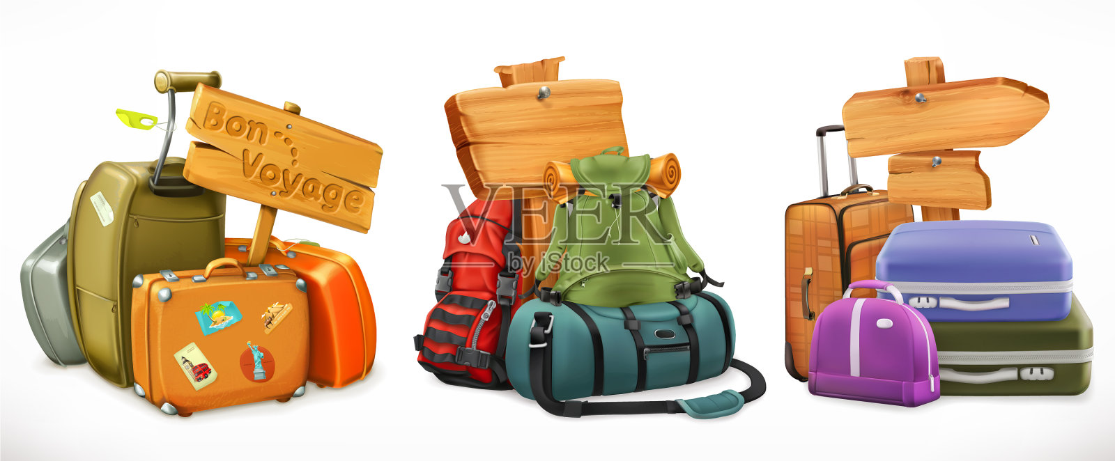 旅行袋背包手提箱和木制标志插画图片素材