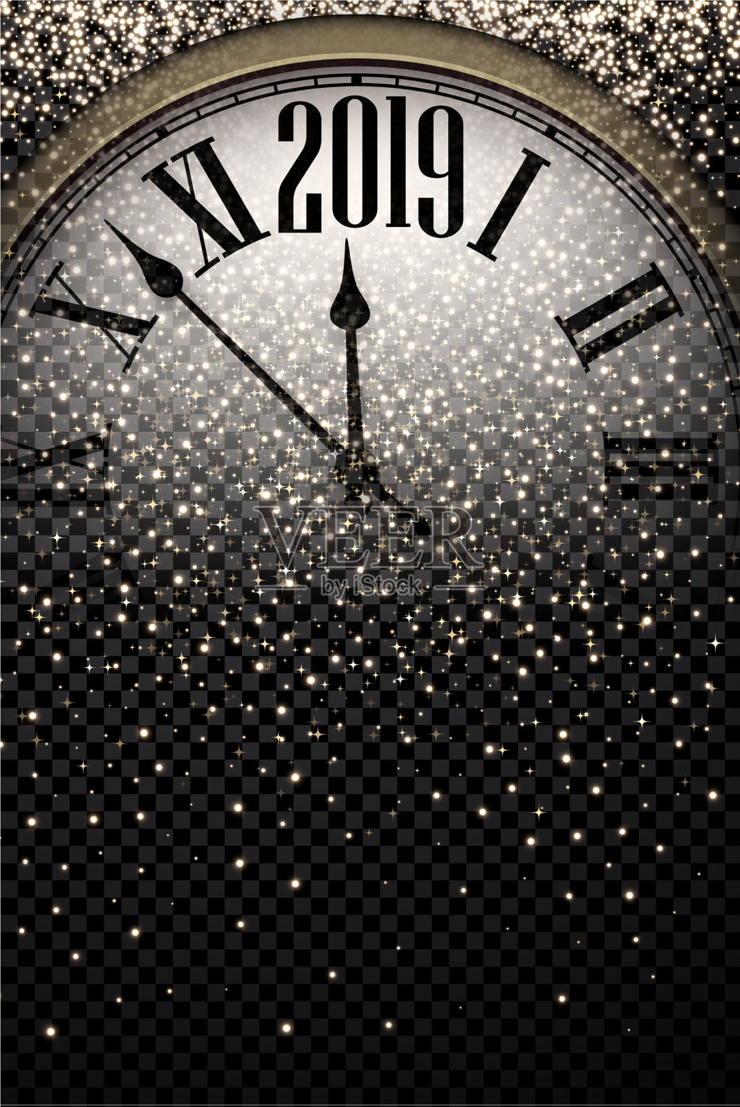 金色闪亮的2019年新年背景与时钟插画图片素材