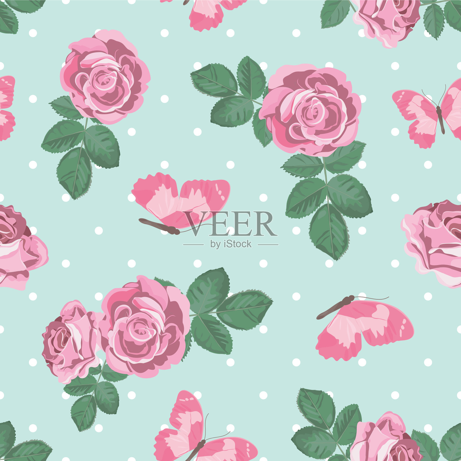 破旧别致的玫瑰和蝴蝶无缝图案插画图片素材