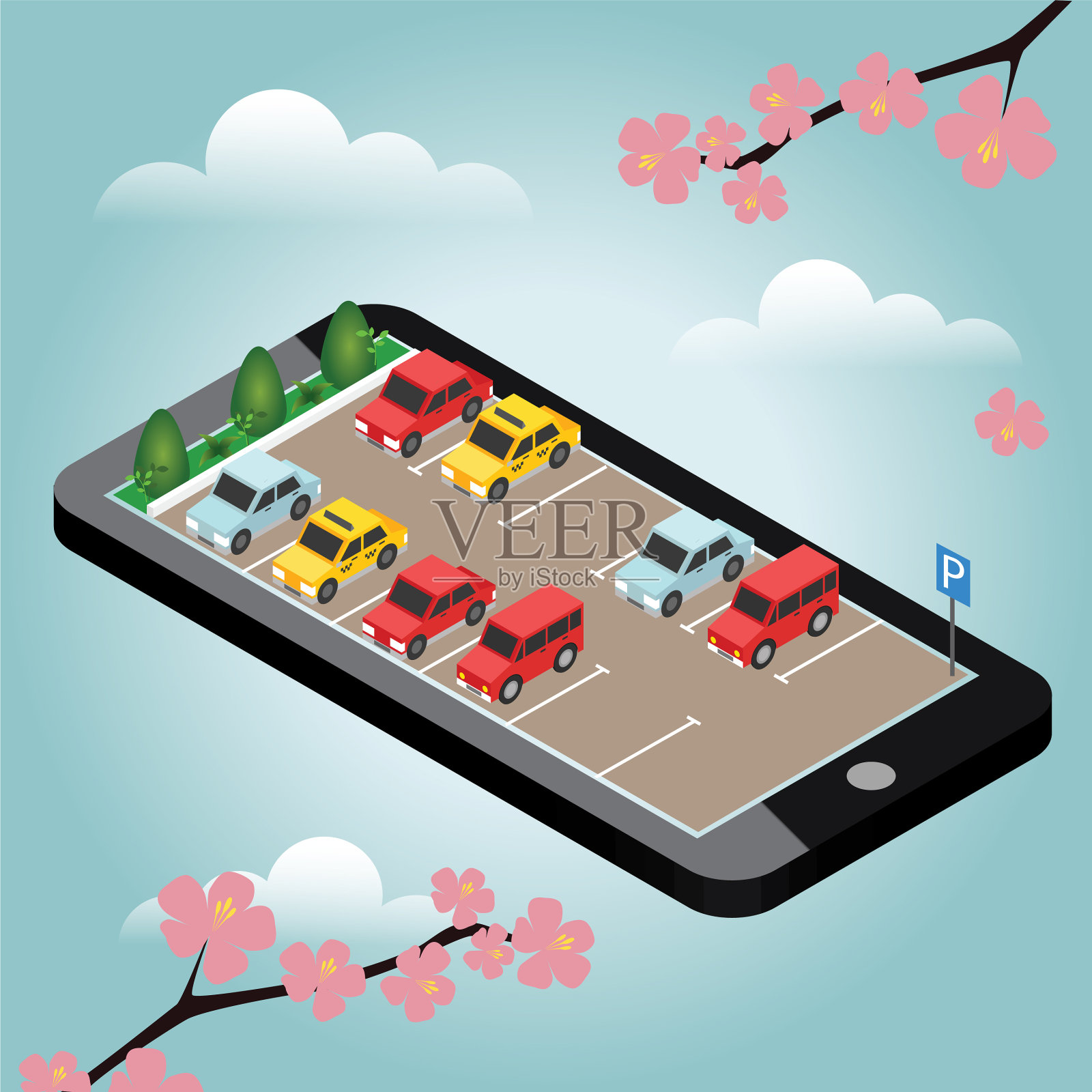 等距车在停车时的弹簧时间插画图片素材