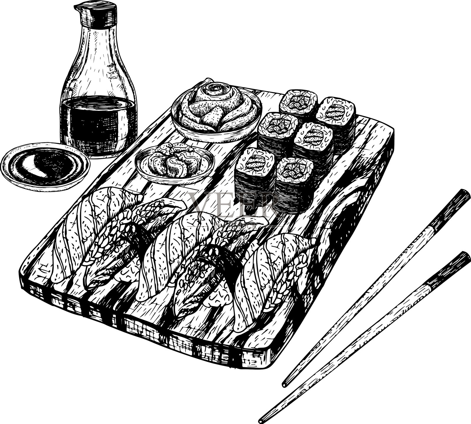 手绘一套寿司卷草图设计元素图片