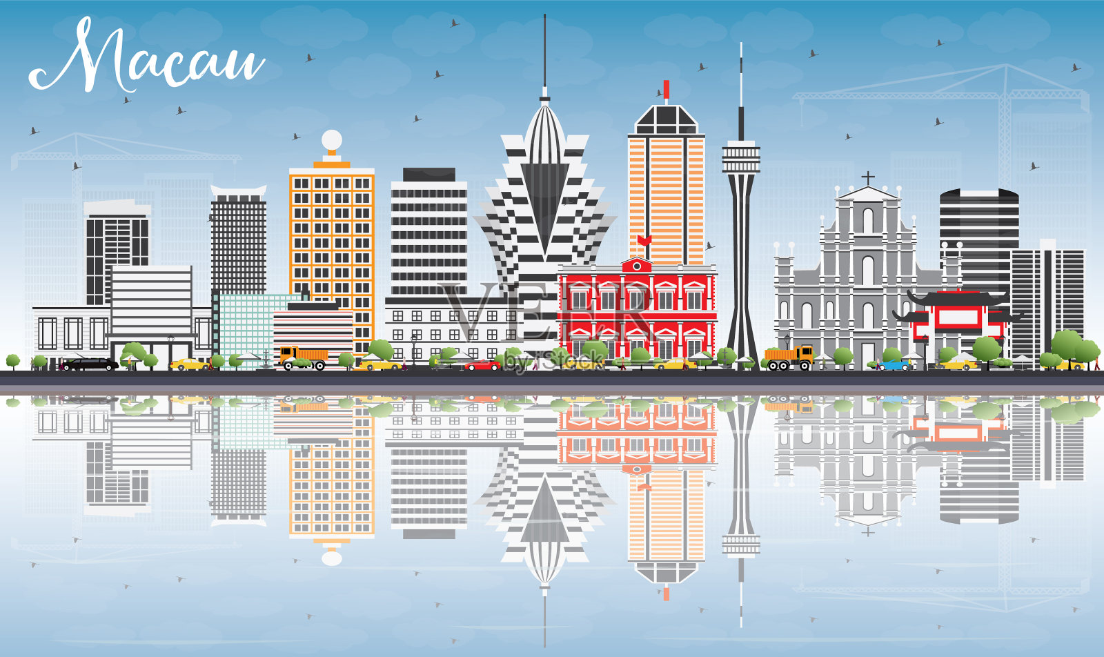 澳门的天际线，灰色的建筑，蓝色的天空插画图片素材