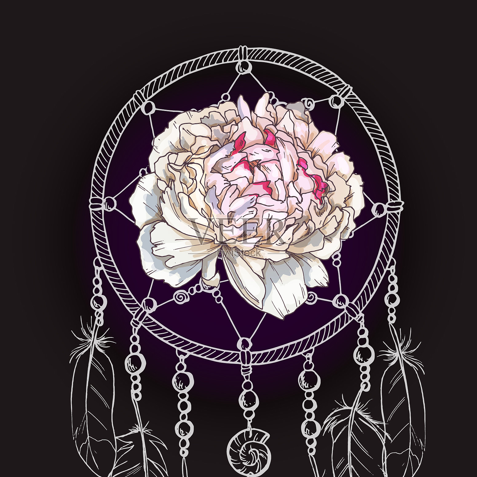 手绘华丽的捕梦网轻轻粉红牡丹插画图片素材