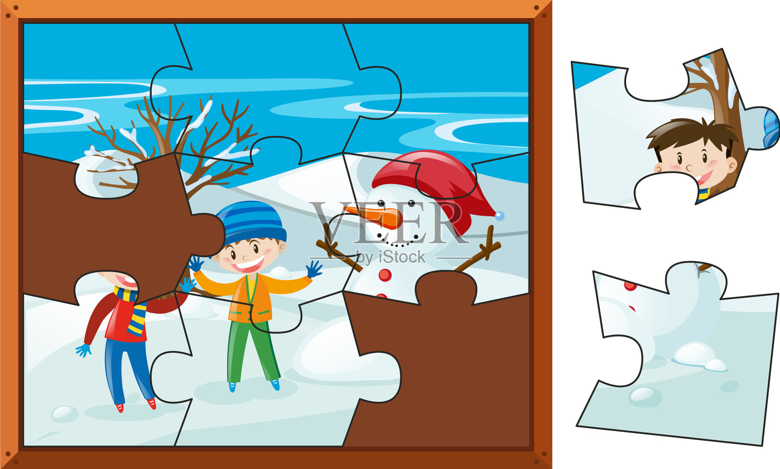 男孩和雪人的拼图插画图片素材