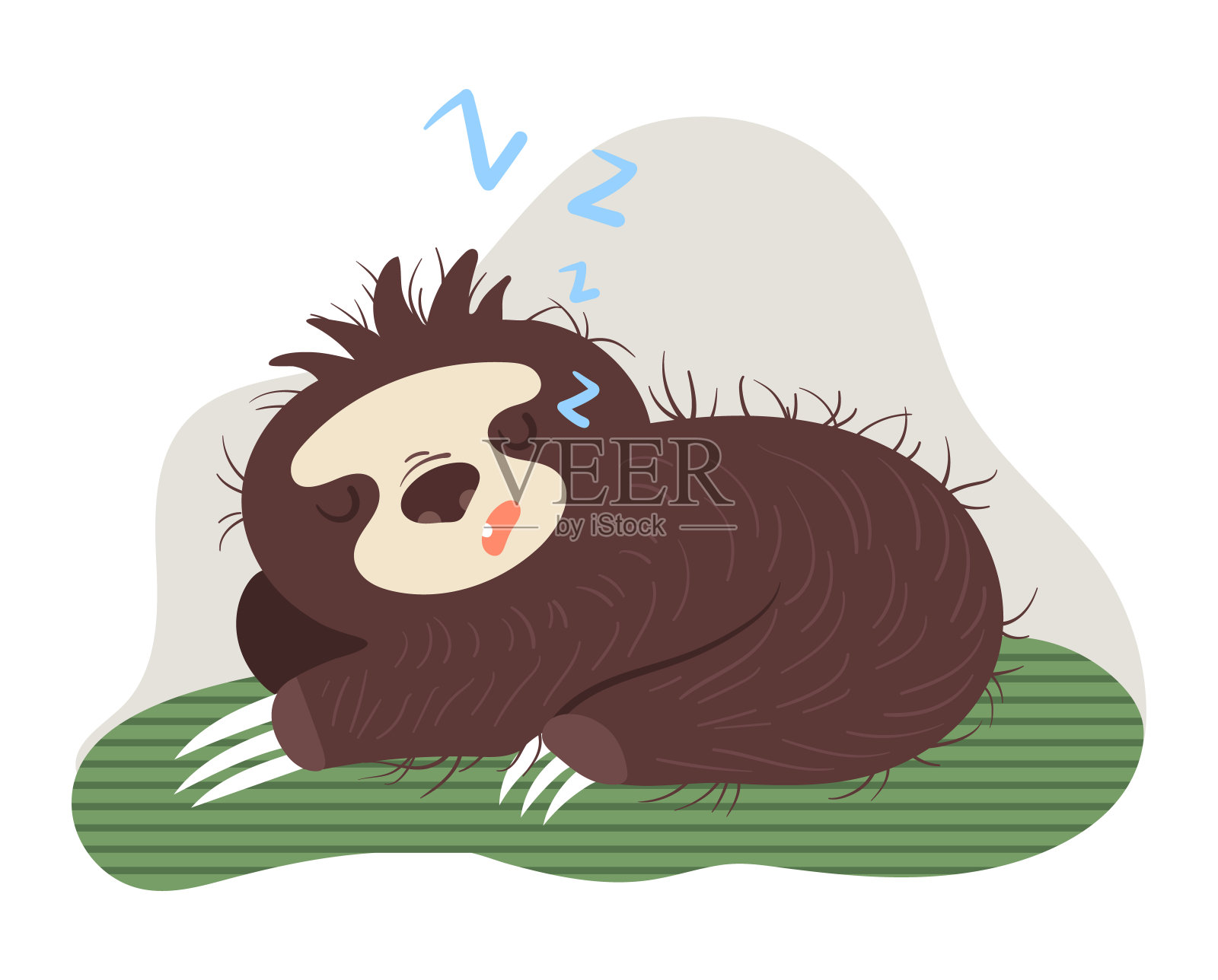 树懒梦在绿色的叶子上，强壮和健康的睡眠概念和矢量插图在白色的背景。特性懒惰停留在叶子上。插画图片素材