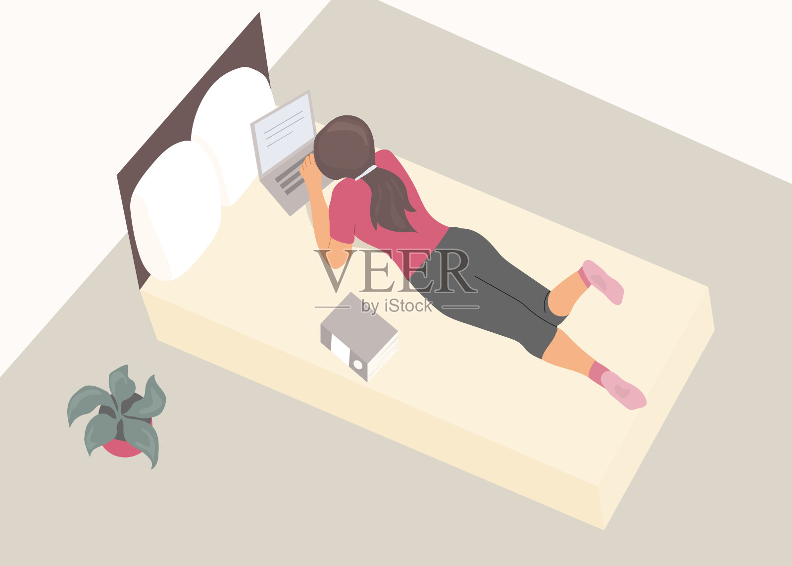 妇女留在家里工作，保持社交距离以避免感染病毒。女孩自由职业者躺在床上手提电脑。封锁，隔离，隔离，远程，远程商务在线教育，购物公寓。插画图片素材