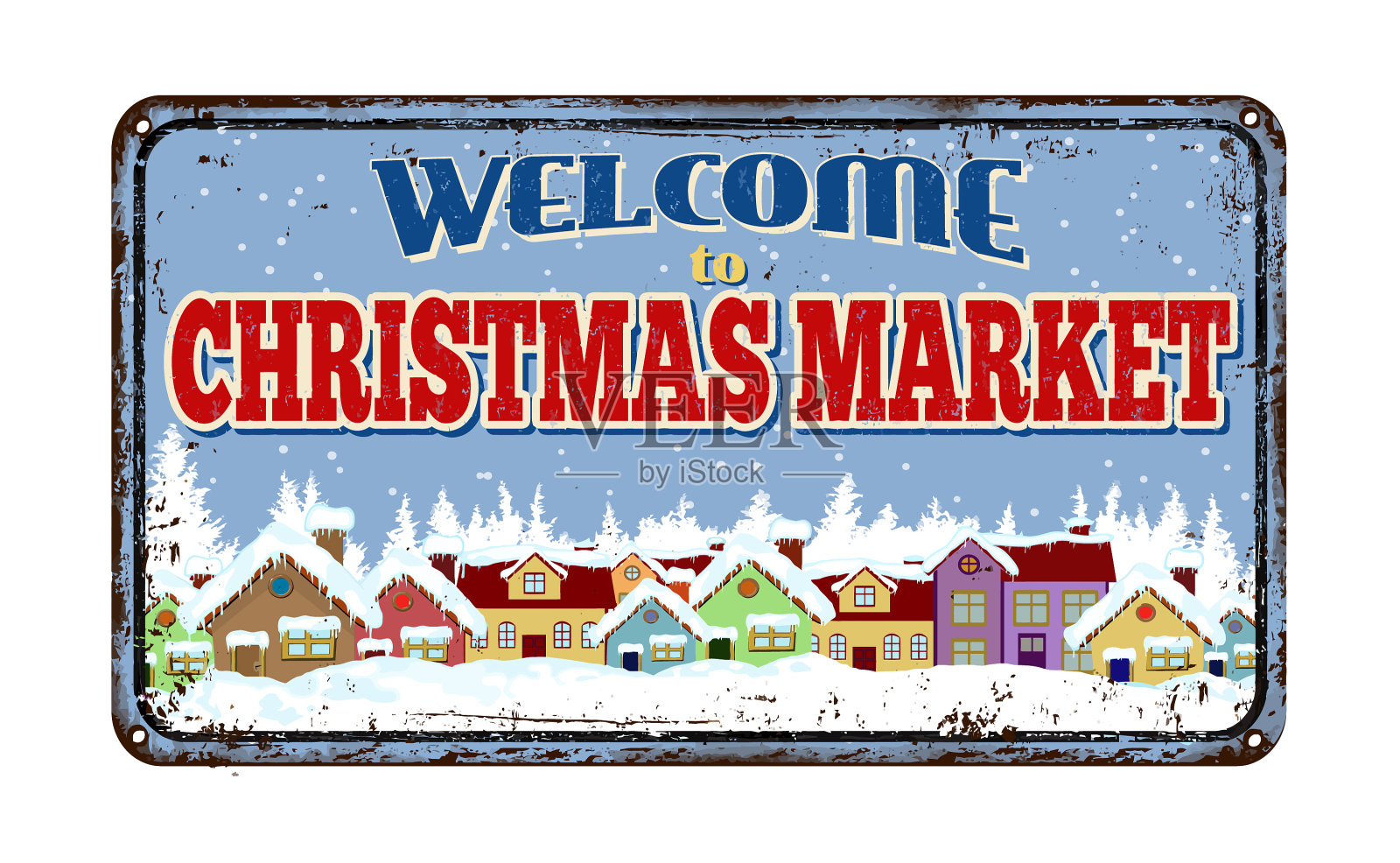 欢迎来到圣诞市场陈旧生锈的金属设计元素图片