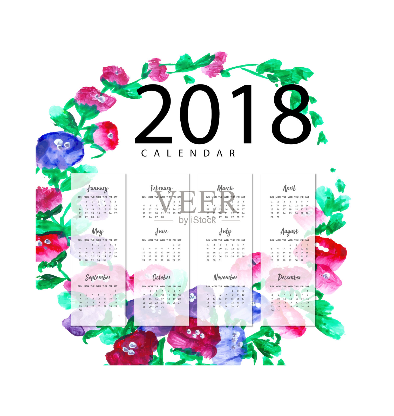 2018年新年水彩花卉日历设计元素图片
