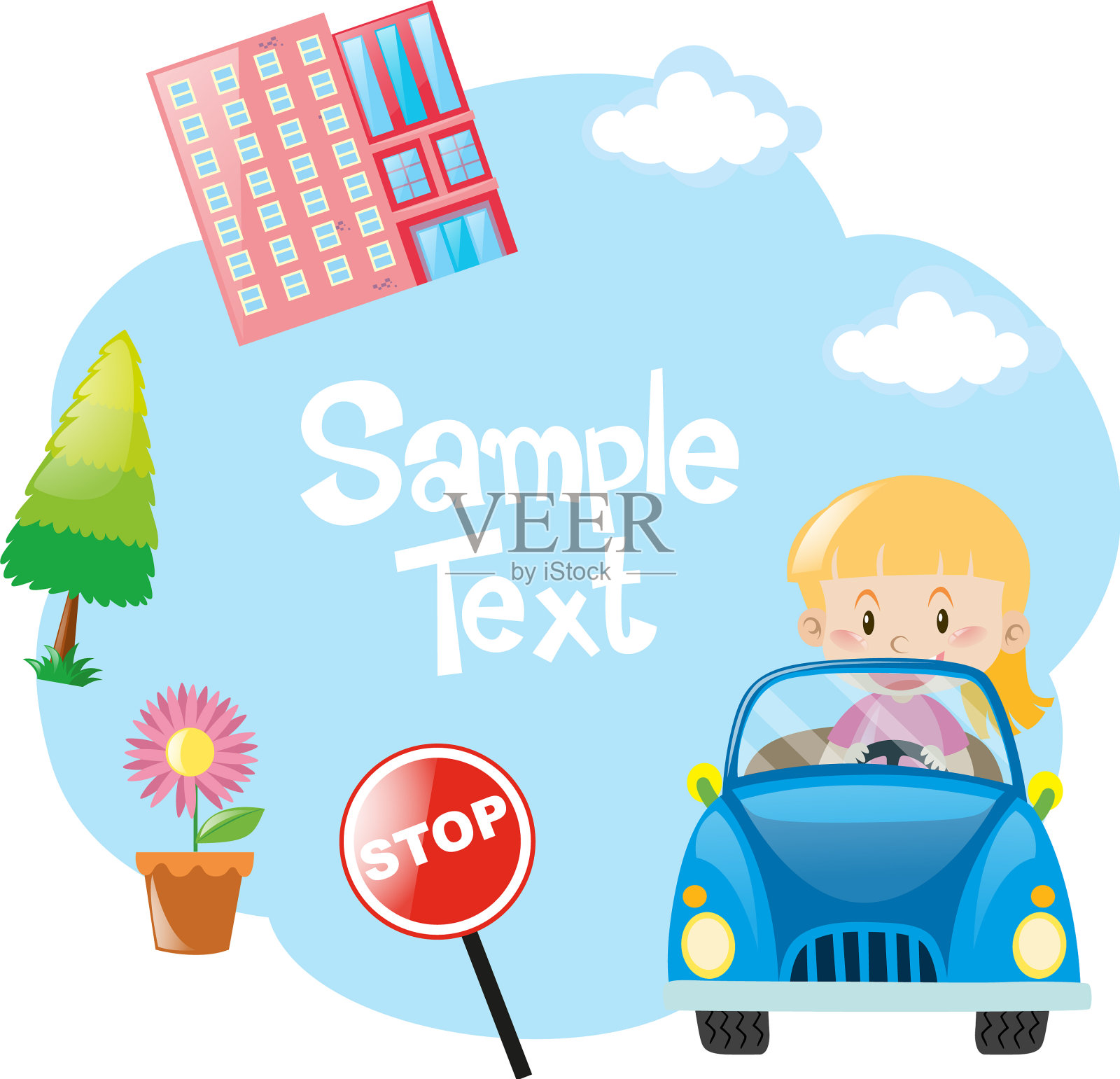 蓝色车里女孩的纸模板设计元素图片