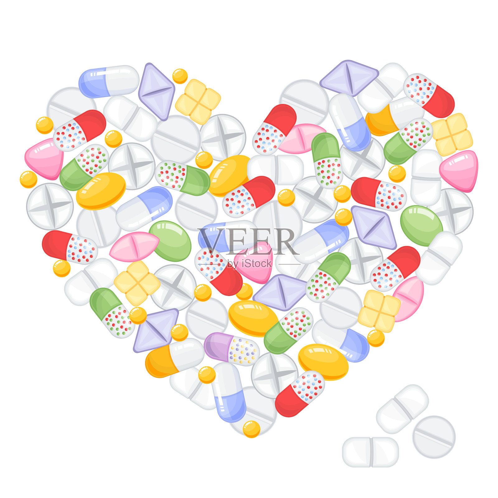 不同的彩色药胶囊和设计元素图片