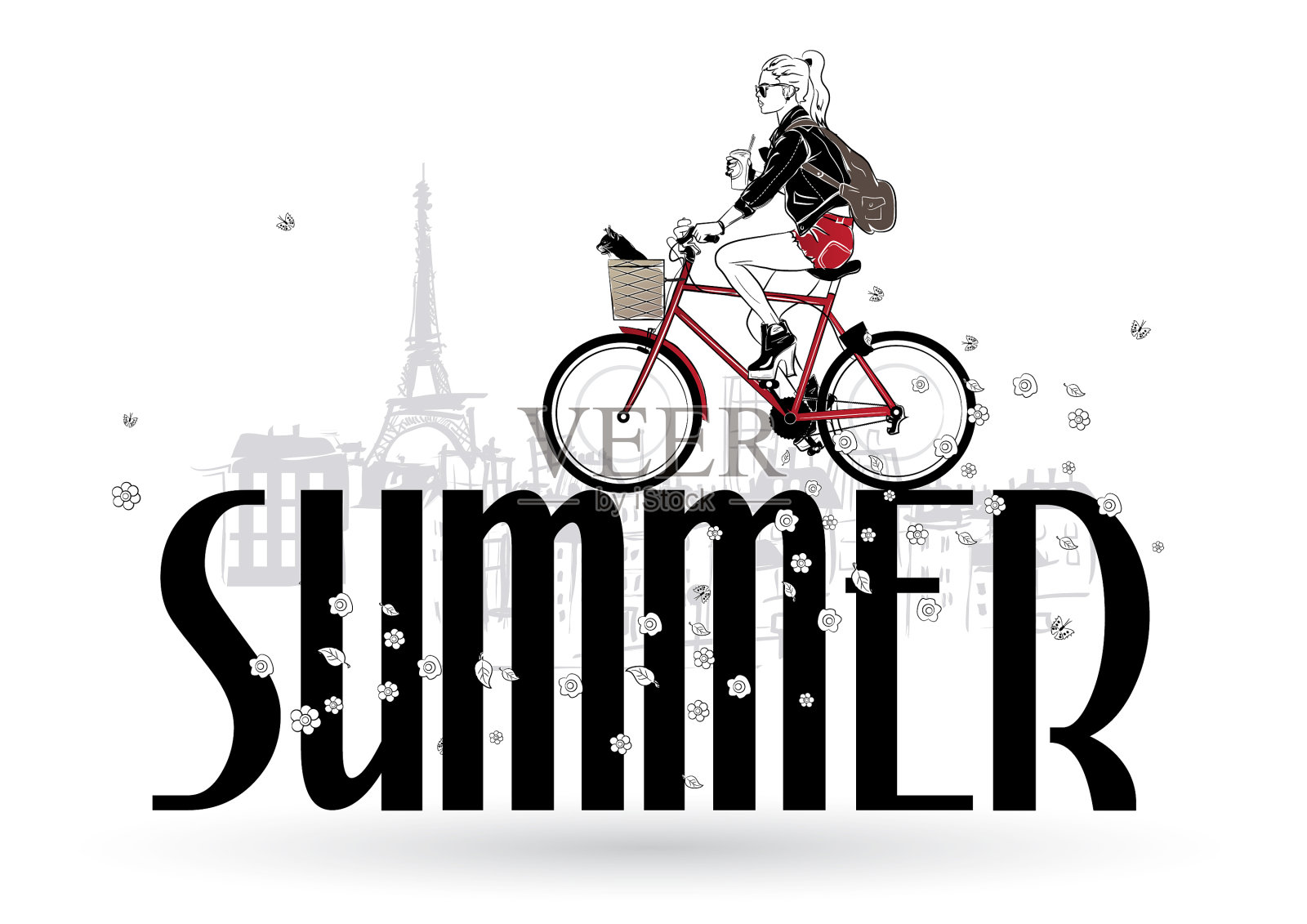 时尚女孩在素描风格的巴黎时装设计元素图片