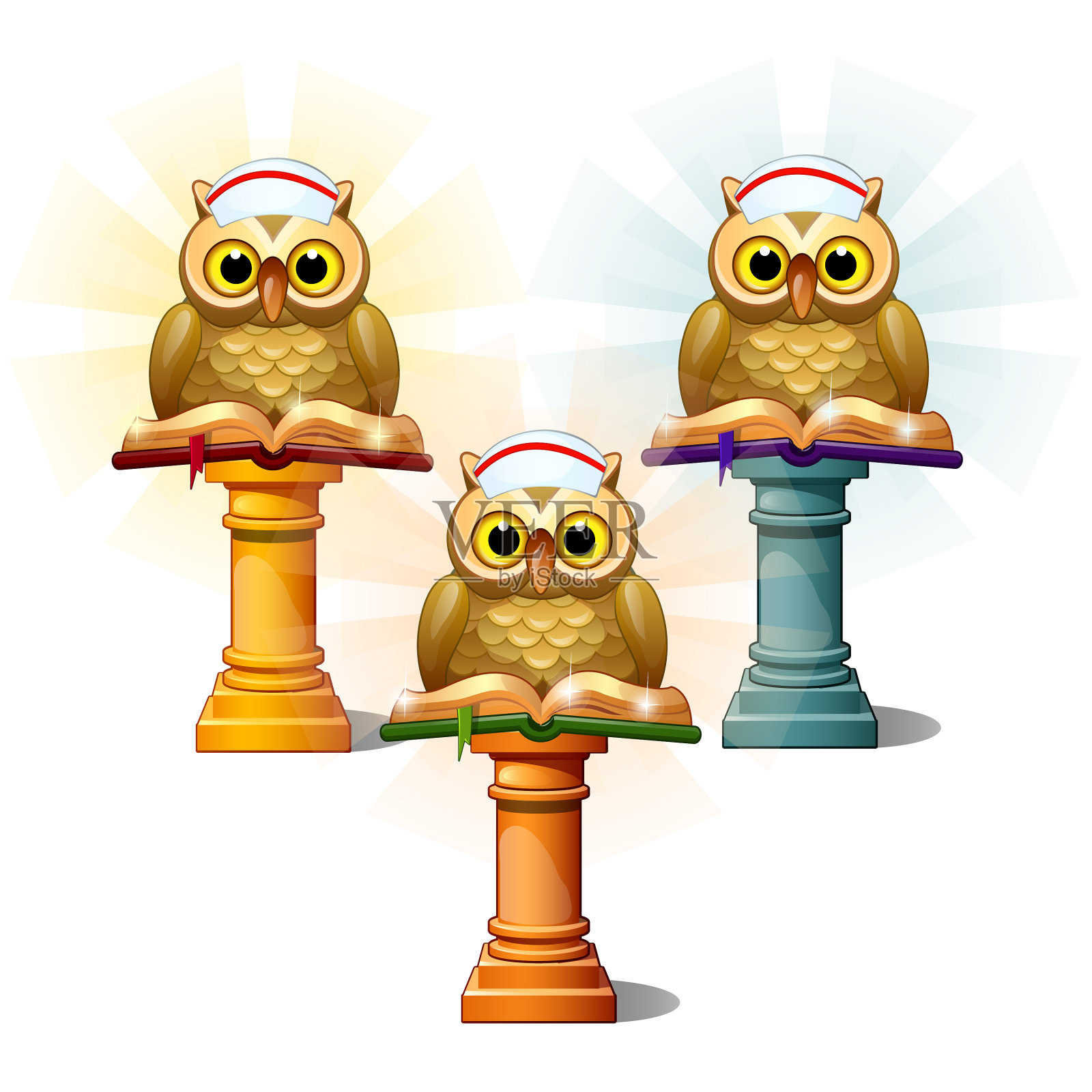 三尊猫头鹰雕像，基座上有书设计元素图片