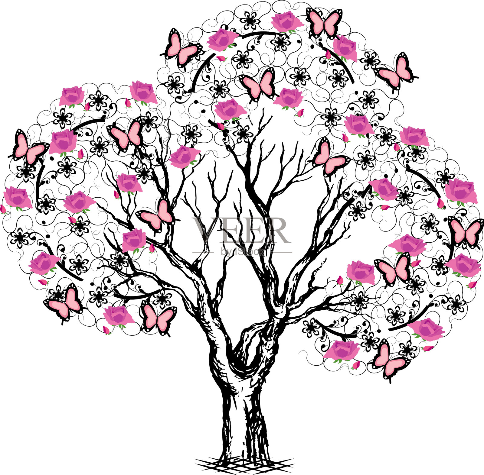 树上有蝴蝶和黑色和粉红色的花设计元素图片