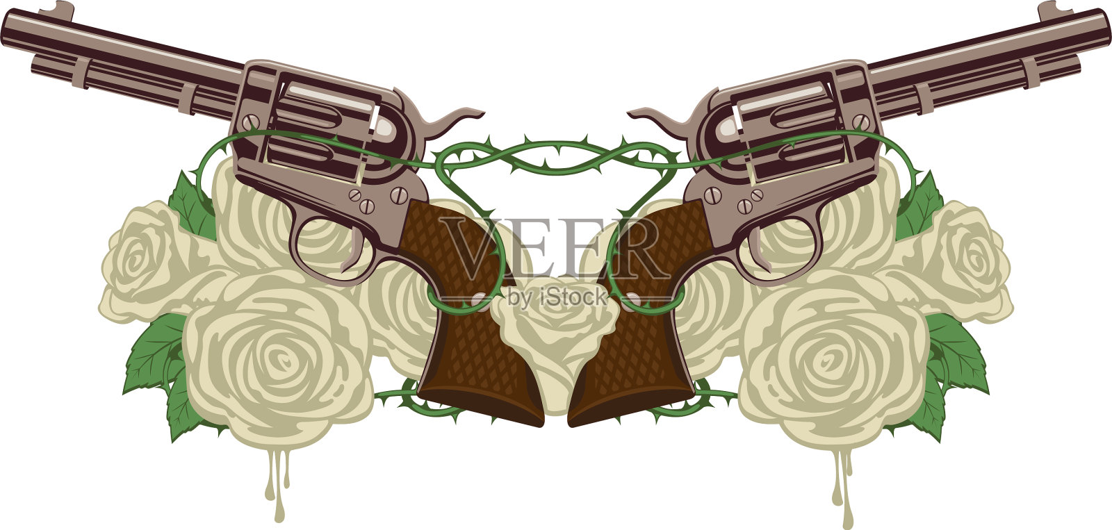 两支老式左轮手枪白玫瑰和带刺铁丝网设计元素图片