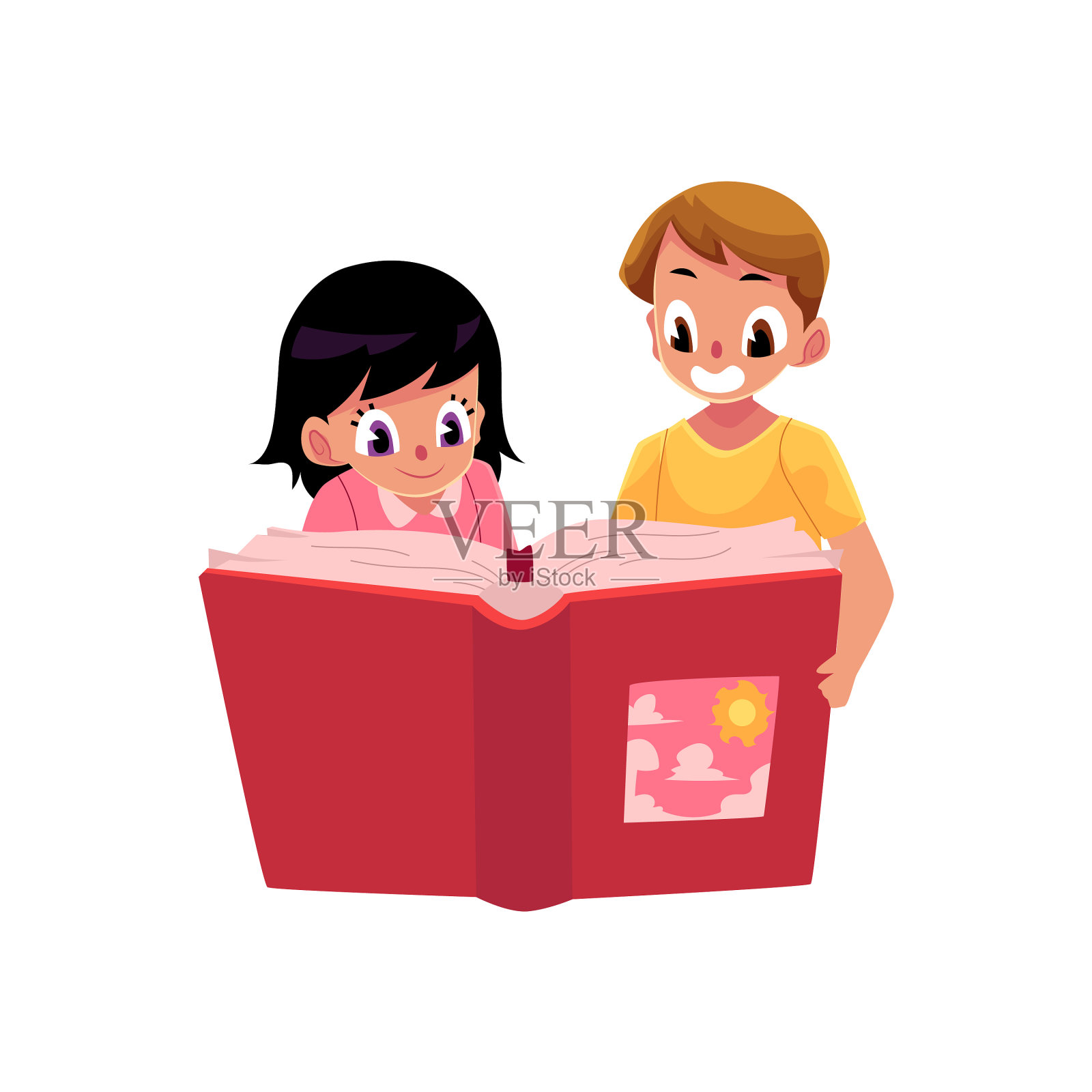 两个快乐的孩子一起读书设计元素图片