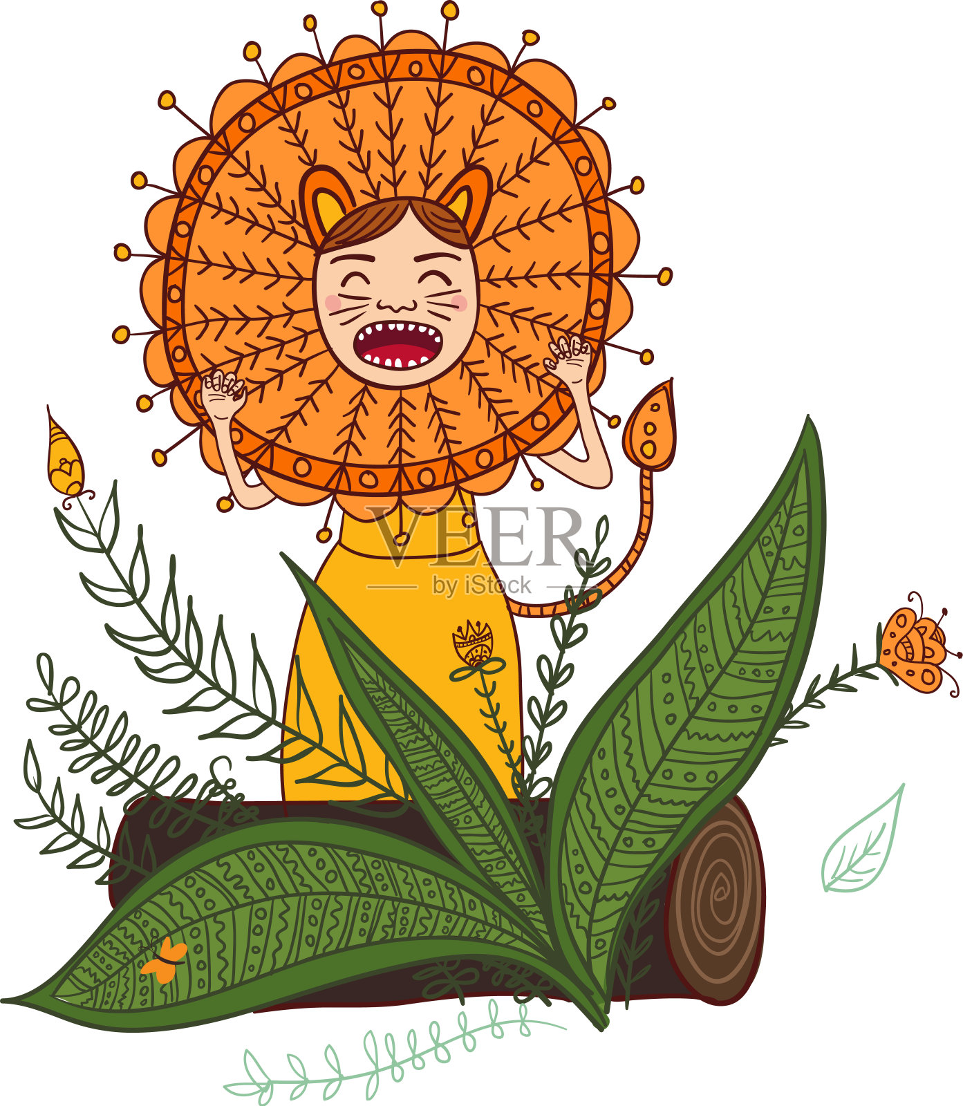 女孩吼叫在狮子服装孤立设计元素图片