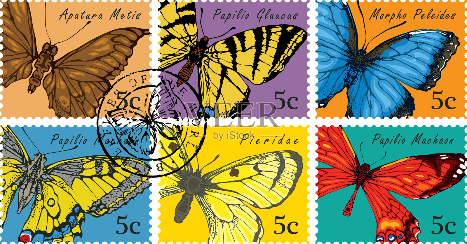 一套印有各种蝴蝶图案的邮票设计元素图片