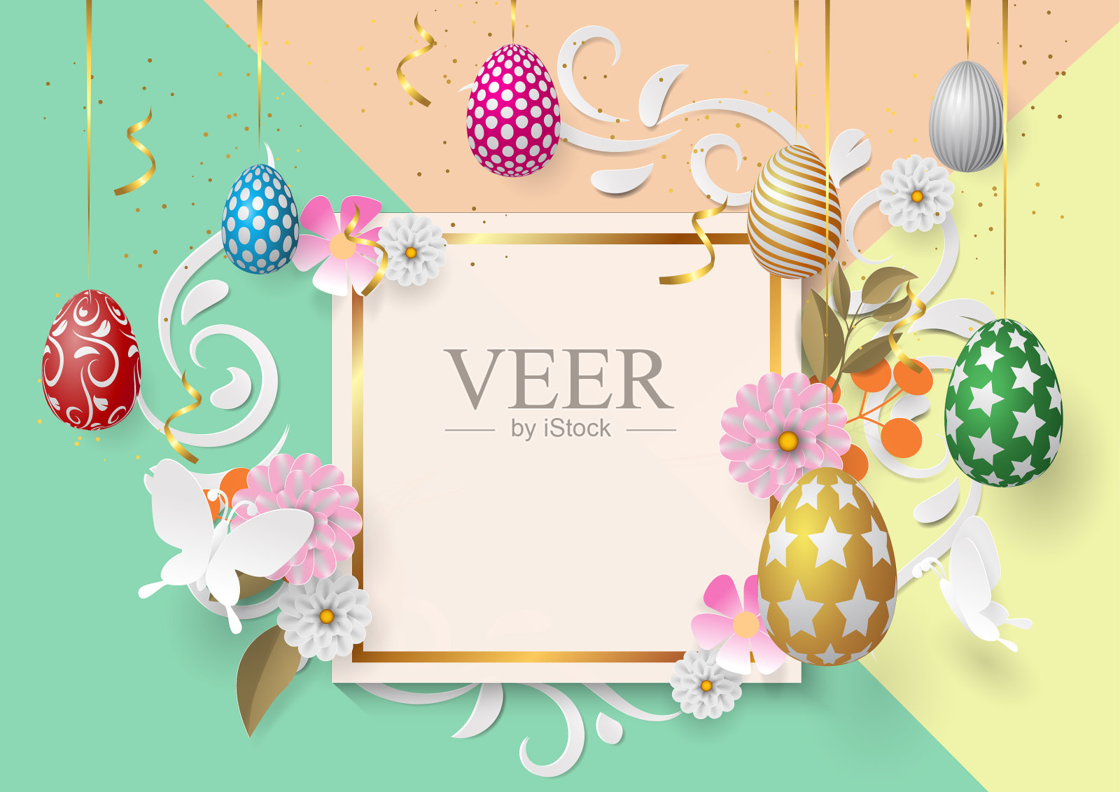 复活节快乐模板与金丝带设计模板素材