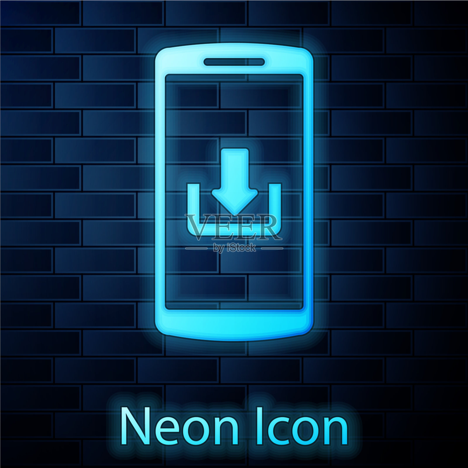 发光的霓虹灯智能手机与下载图标图标素材