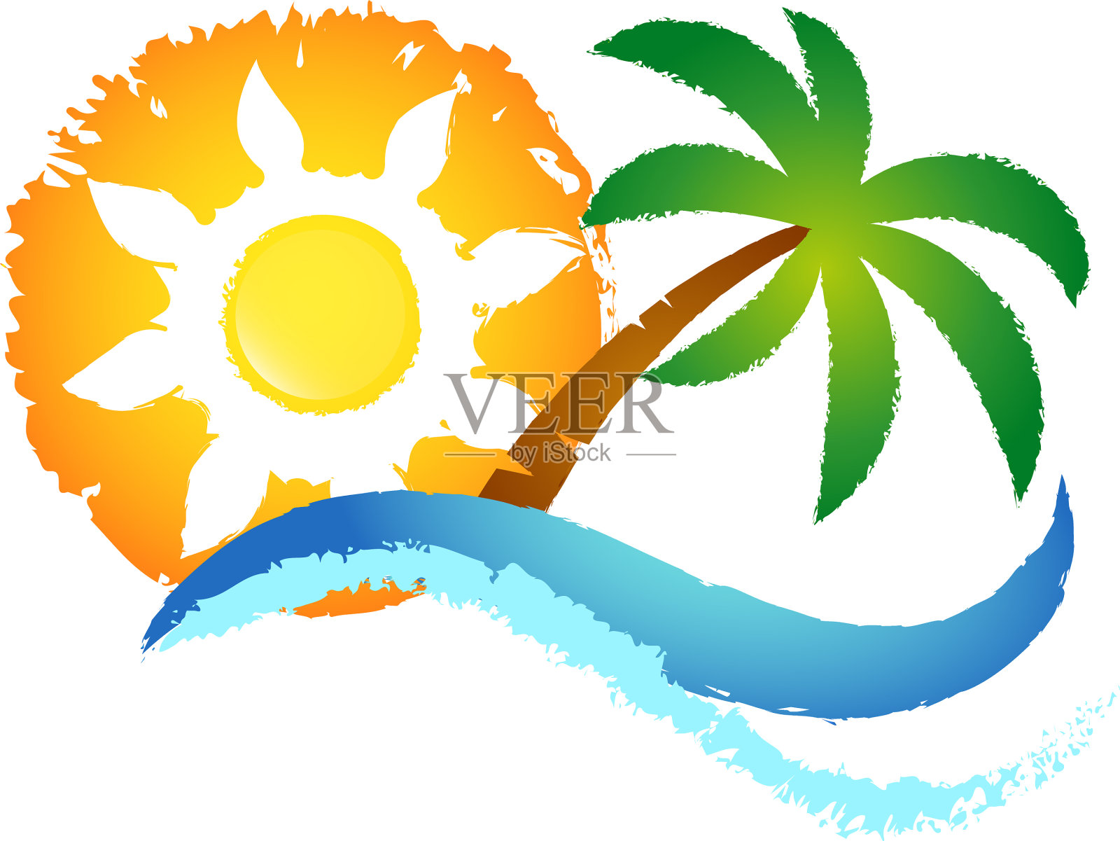 太阳，蓝色的波浪和棕榈树设计元素图片