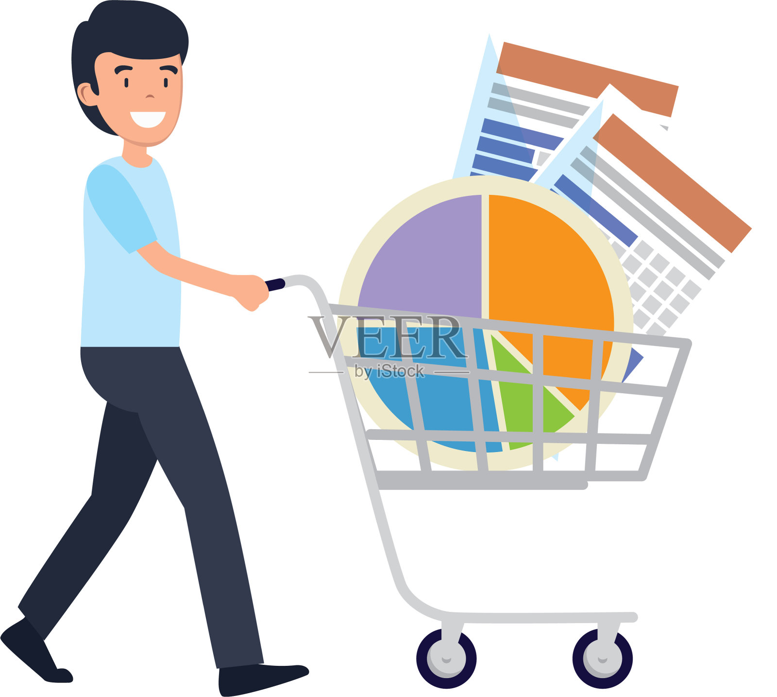 商人与购物车和统计设计元素图片